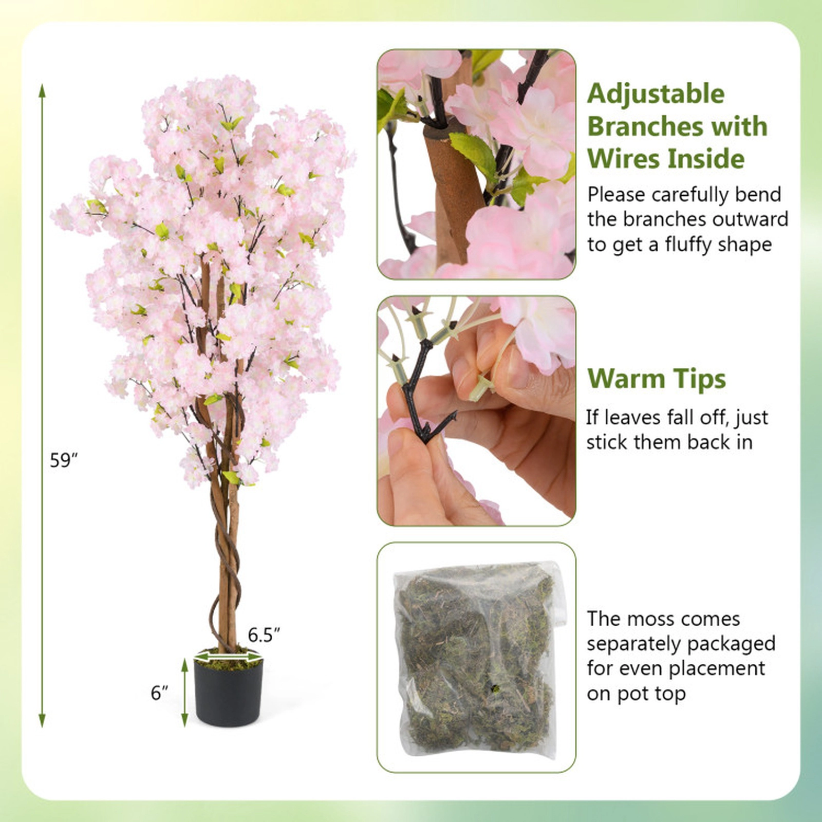 SUGIFT Set of 2 5-ft 972 Blossoms 144 Leaves Wood Trunks Artificial Cherry Blossom Trees 6.5-in x 6-in Pot 22-lb Pink