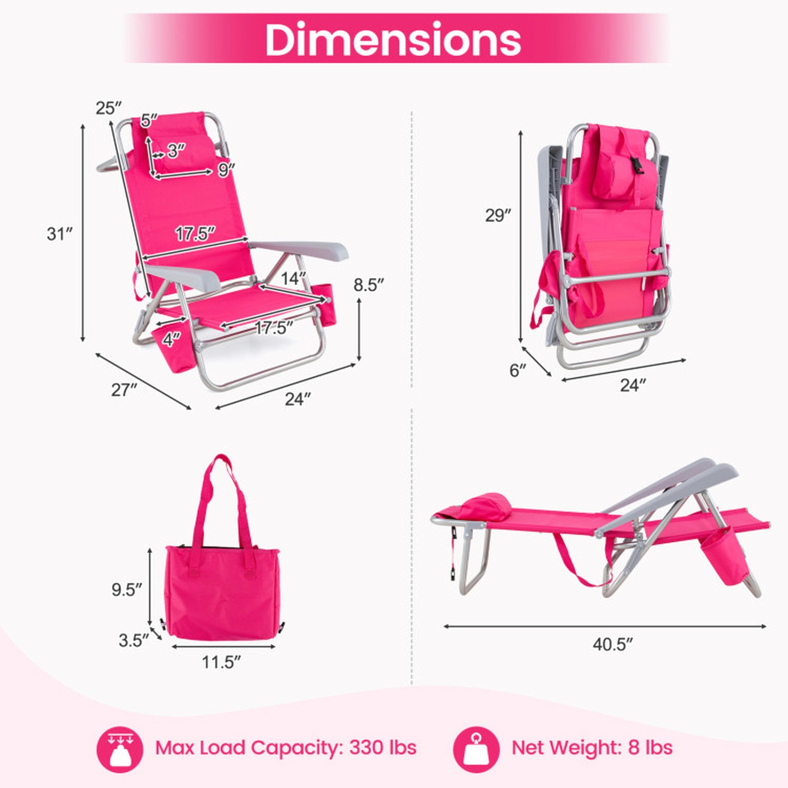SUGIFT 2-Pack Pink Folding Backpack Beach Chairs with 7-Position Recline, Cooler Bag and Cup Holders