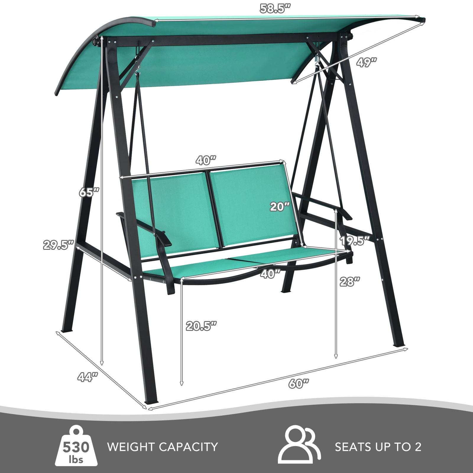 SUGIFT Weather-Resistant 2 Person Patio Swing with Glider and Adjustable Canopy 530-lb Capacity Green