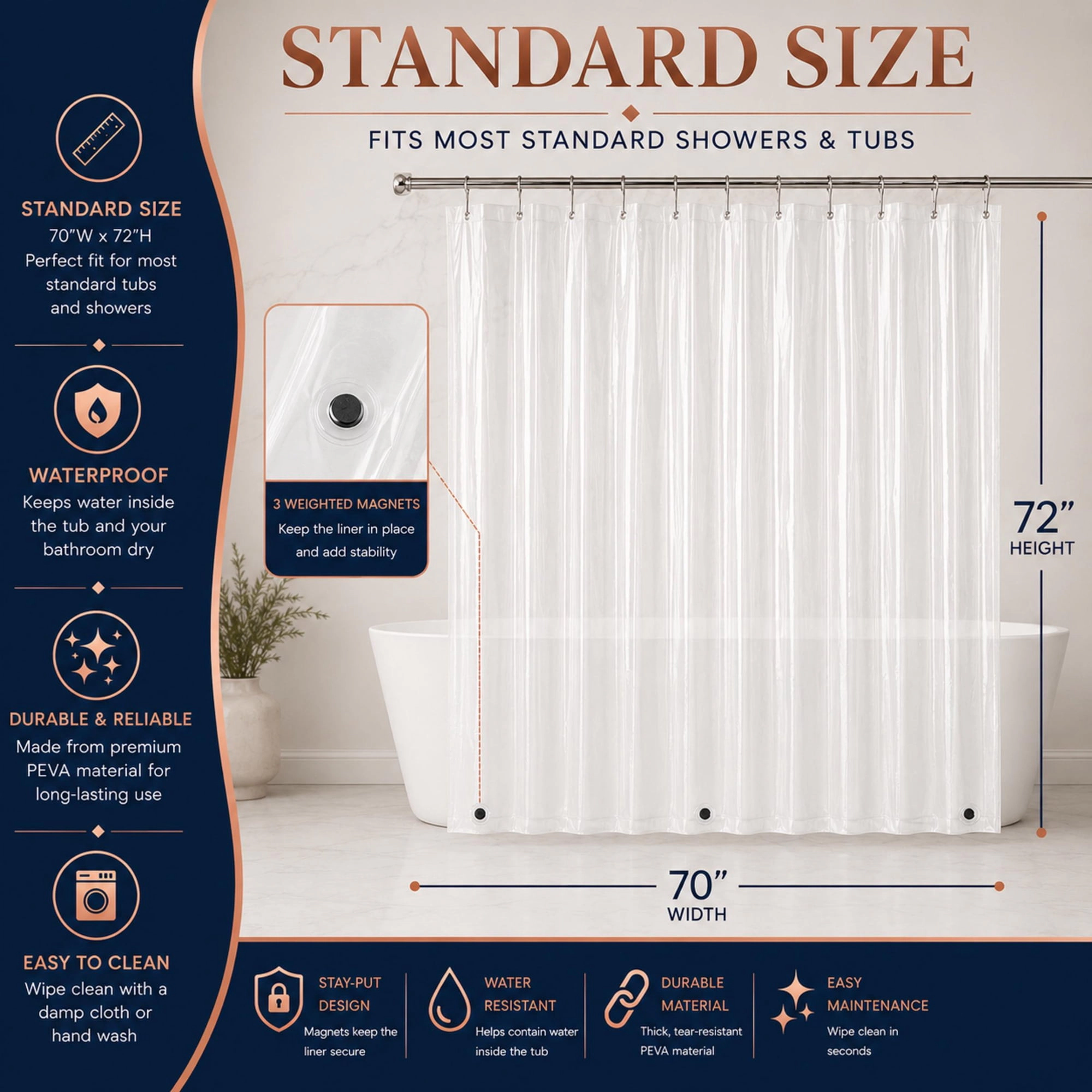 Dainty Home Extra Heavy Weight Shower Curtain Liner With Magnetized Hem 70" x 72"