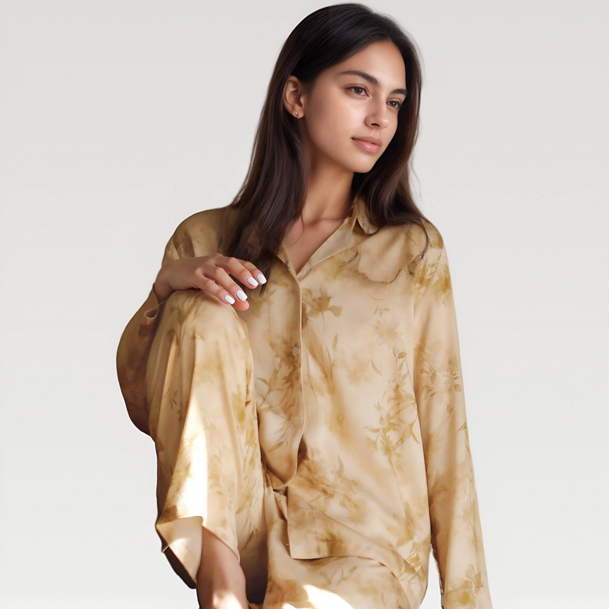 Anna-Kaci Women's Satin Pajama Set with Golden Botanical Print Long Sleeve Button Up Top and Relaxed Fit Pants