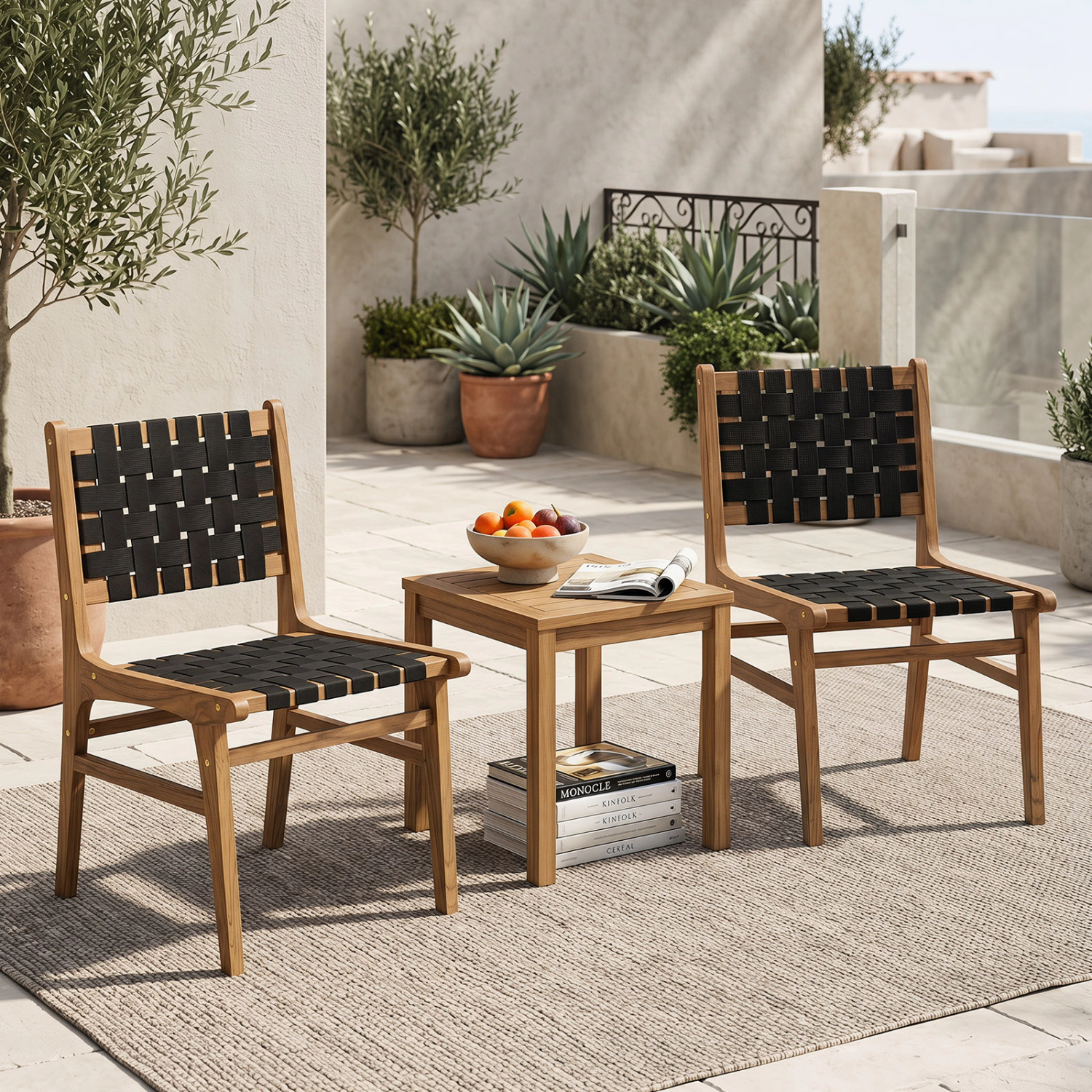 LJG Solid Teak Hand-Woven Strap Outdoor Dining Chair with Flex Support for Deck Garden