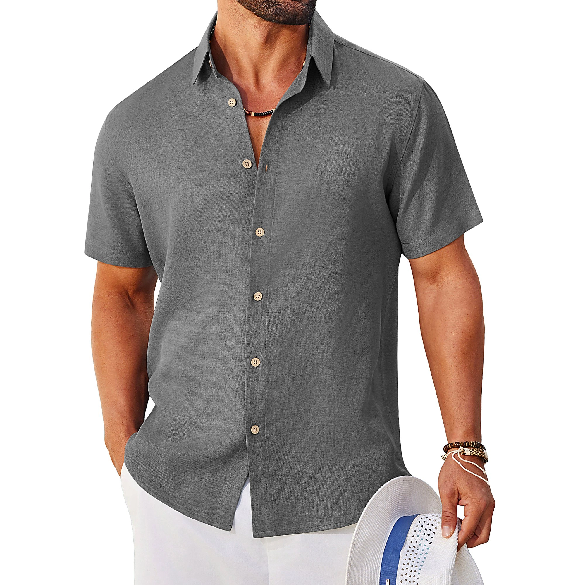 COOFANDY Mens Casual Short Sleeve Button Down Shirts  Lapel Collar Solid Tops