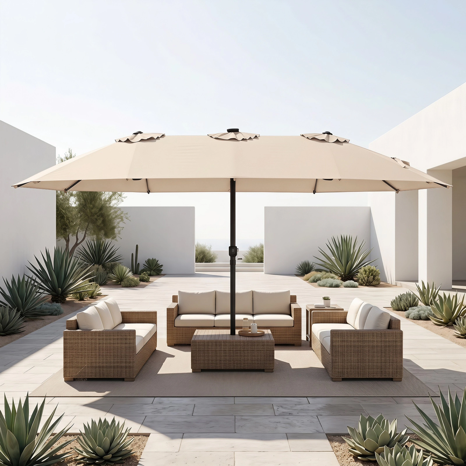 SUGIFT 15.5-ft Extra-Large Patio Umbrella with Solar LED Lights 12 Reinforced Metal Ribs Beige