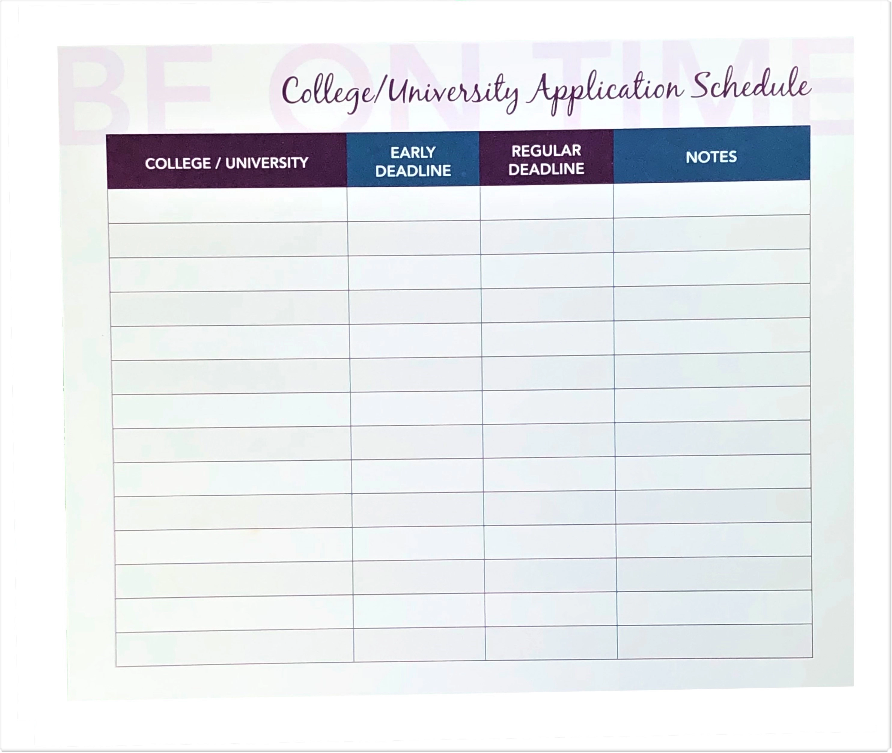 RE-FOCUS THE CREATIVE OFFICE College & Scholarship Application Timeline Sheets