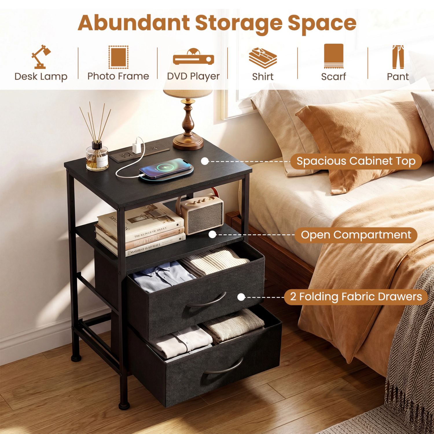 Hivvago Nightstand with Charging Station 24.5 inch Modern Bedside Table 2 Fabric Drawers