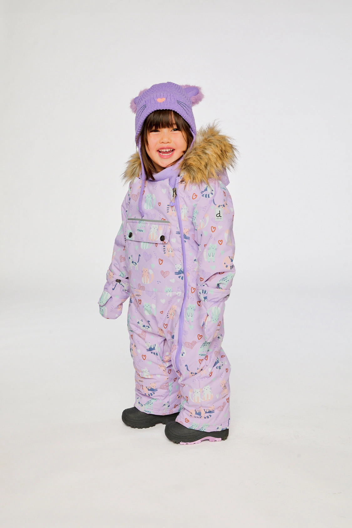 Deux par Girls Cat Print One Piece Snowsuit Adapted for Car Seats with Detachable Hood
