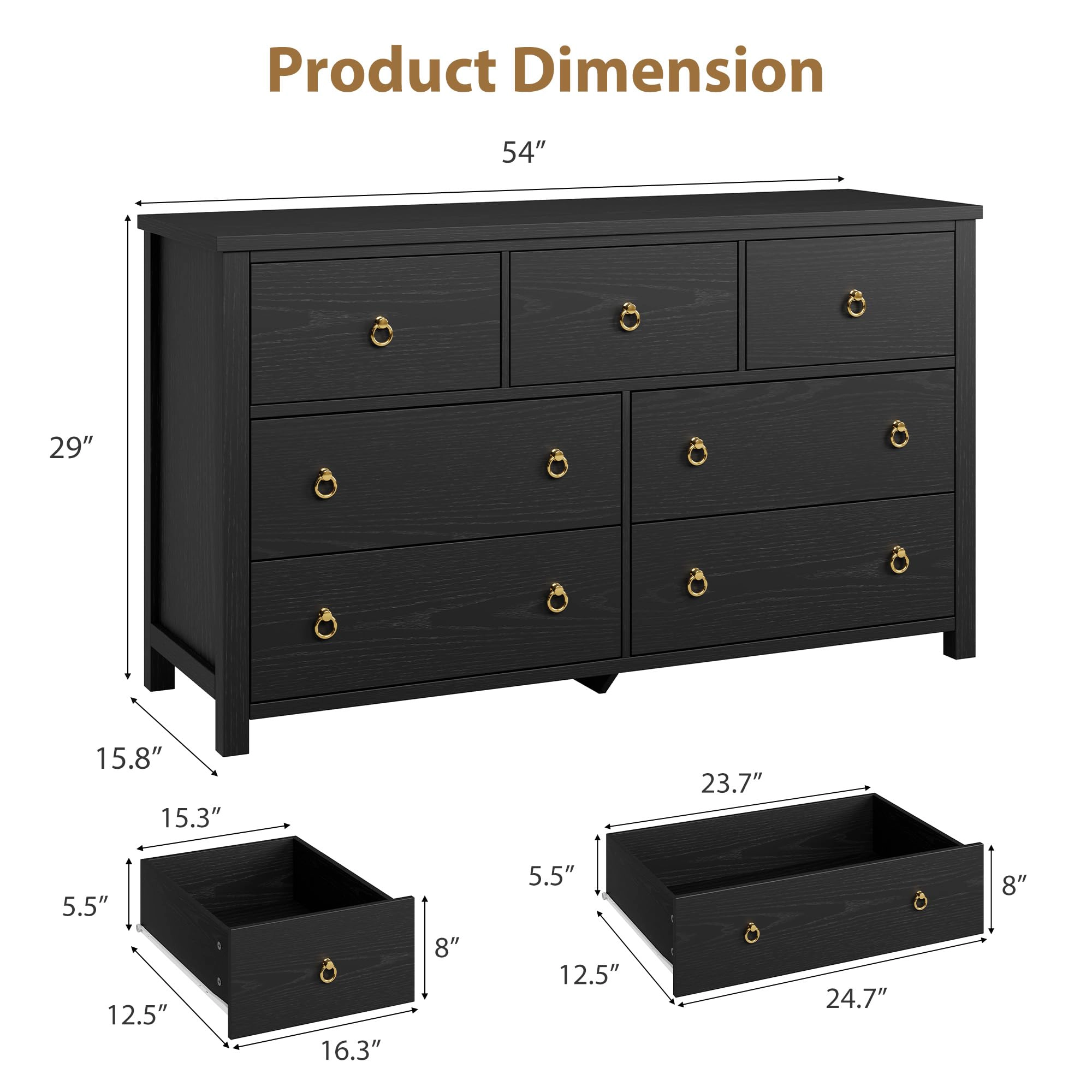 7 Drawer Modern Black Dresser & TV Stand, 54" Wide Wooden Storage Cabinet for Bedroom Living Room