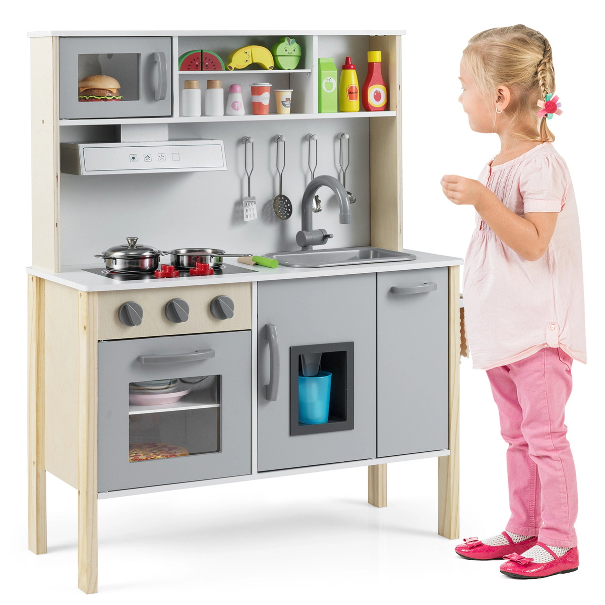 SUGIFT Wooden Pretend Play Kitchen Set with Microwave Range Hood Oven Sink and Ice Maker Ages 3-6 Years White
