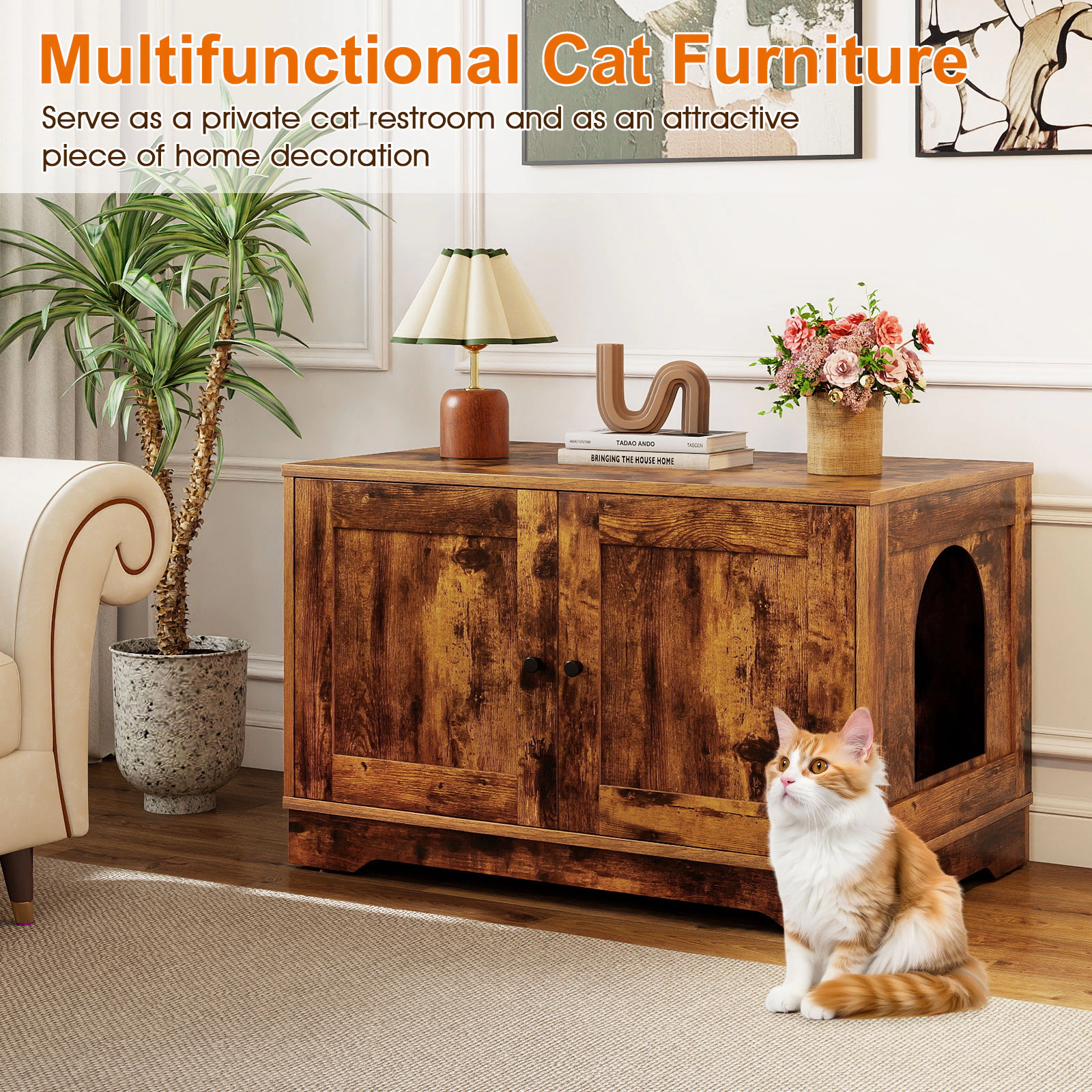 SUGIFT Cat Litter Box Enclosure Furniture Wooden Cat House Side Table 110-lb Tabletop Capacity 88-lb Interior Capacity