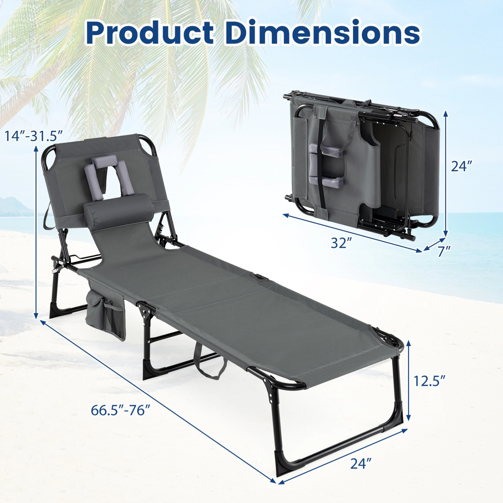 Sunbathing Chair with Face and Arm Holes Folding Beach Lounge Chair with Removable Pillow Side Pockets Gray