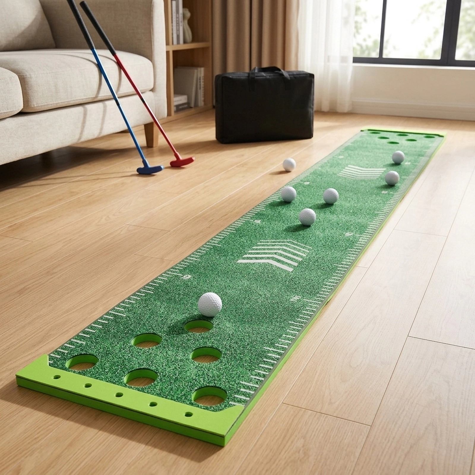 11-ft Putting Green Mat Set 2 Adjustable Putters 6 Balls Ball Holders Carry Bag Kids and Adults Mini Golf