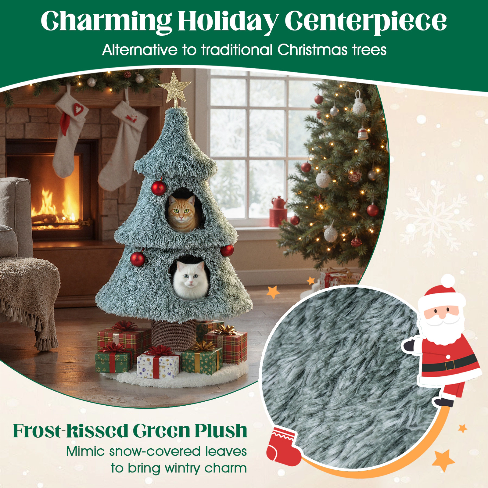 SUGIFT Frost-Kissed Christmas Cat Tree Tower with 2 Large Condos and Scratching Post 48.43-in Tall Green White Brown