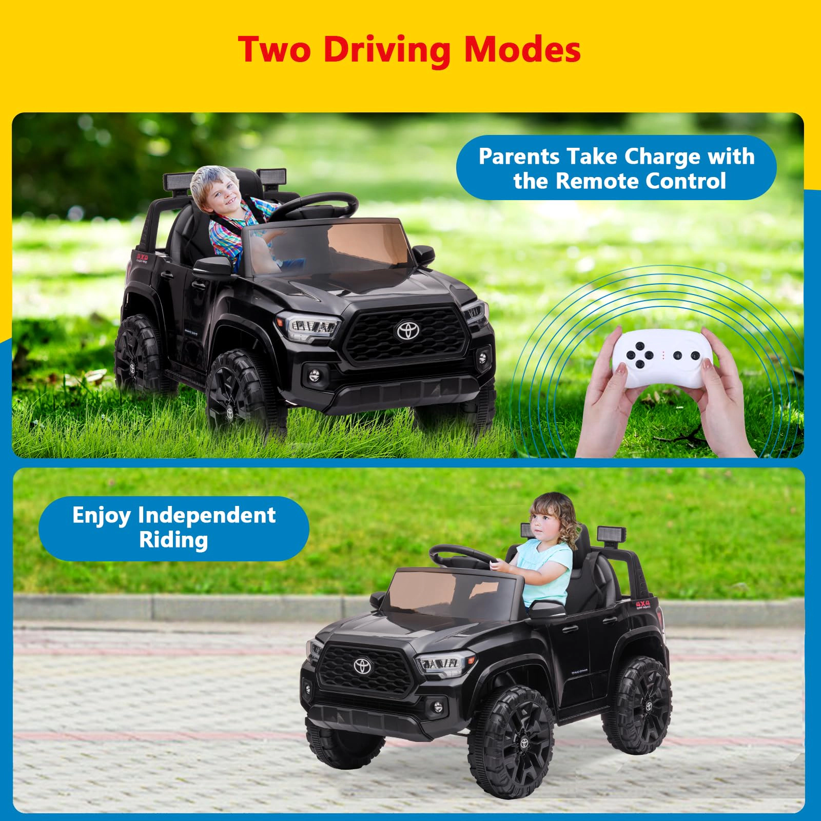 Enjyam 12V Licensed Toyota Tacoma Kids Ride On Truck, Electric Car w/Remote, 2 Speeds, Seat Belt & Headlights