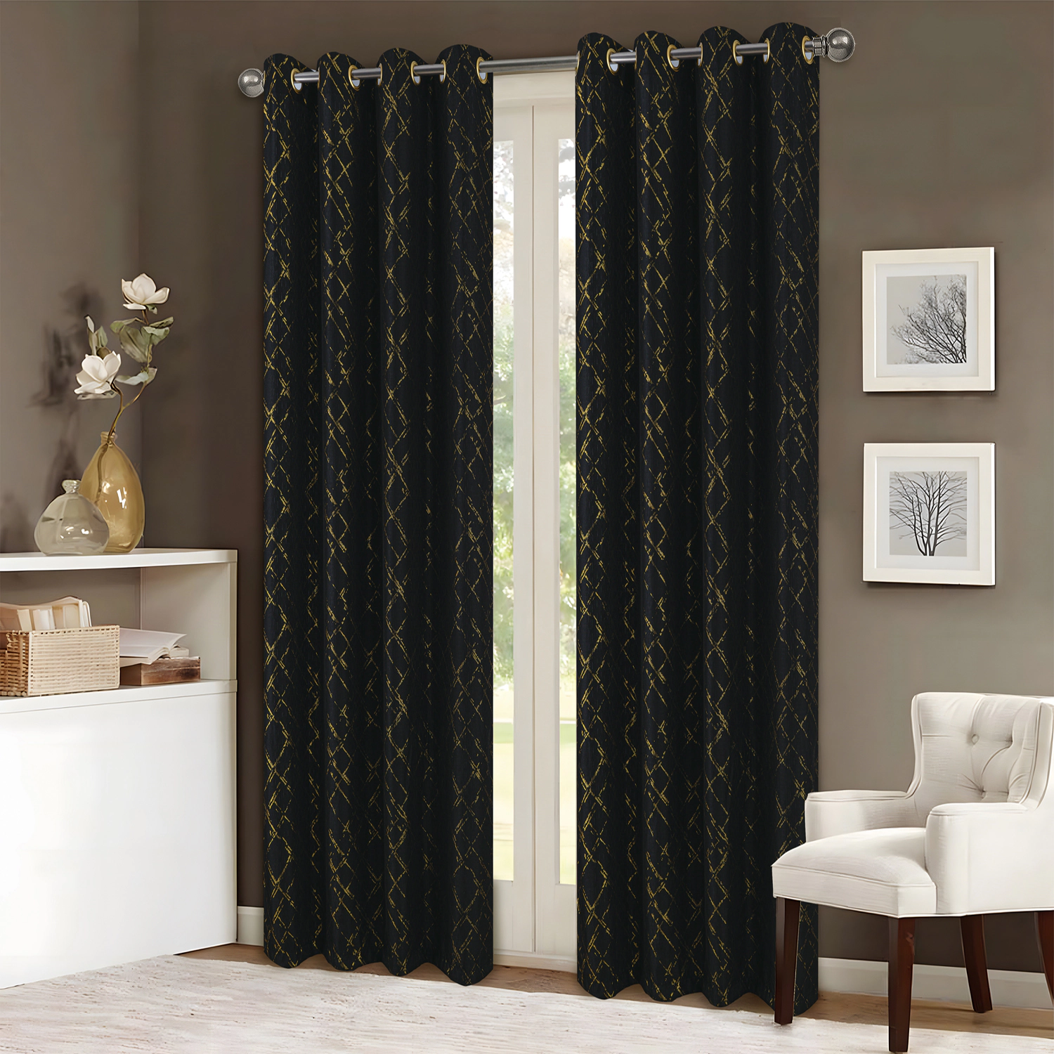 RT Designers Collection Soho Foil Jacquard Polyester Window Curtain Grommet Panel 52" x 90