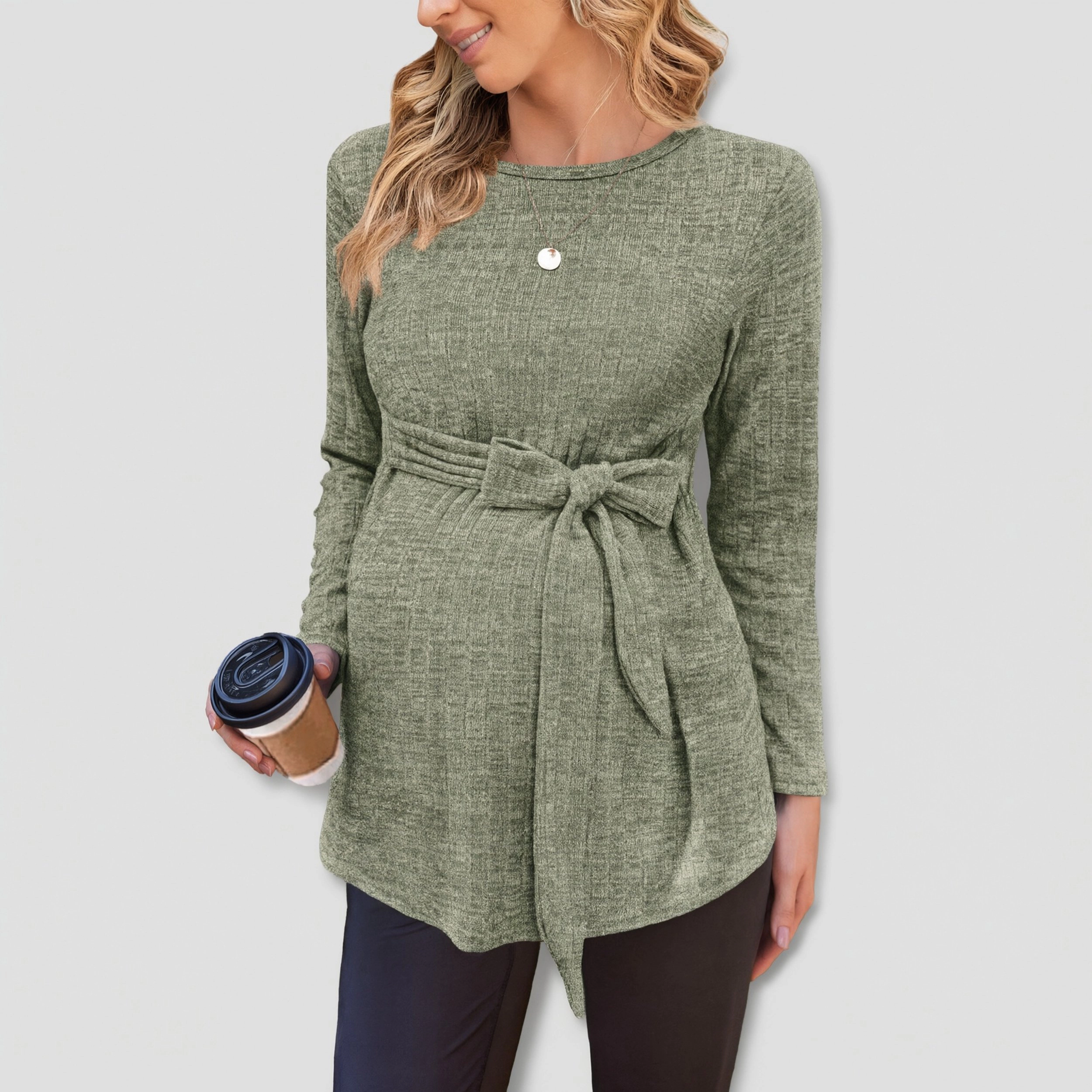 Ekouaer Women's Crew Neck Long Sleeve Tie Waist Maternity Tunic Top