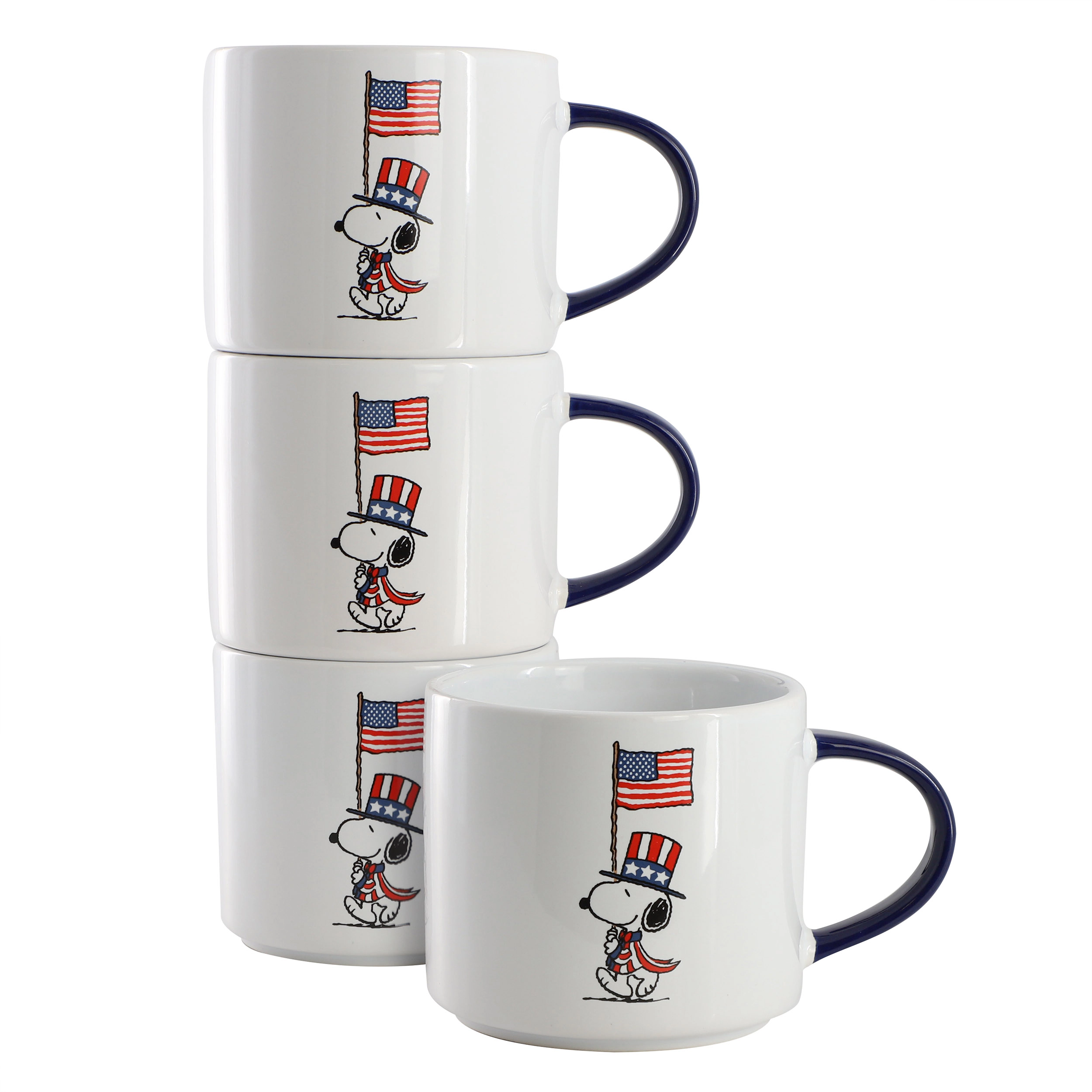 Peanuts Raise the Flag 4 Piece 15 Ounce Stoneware Mug Set in White, Blue, and Red