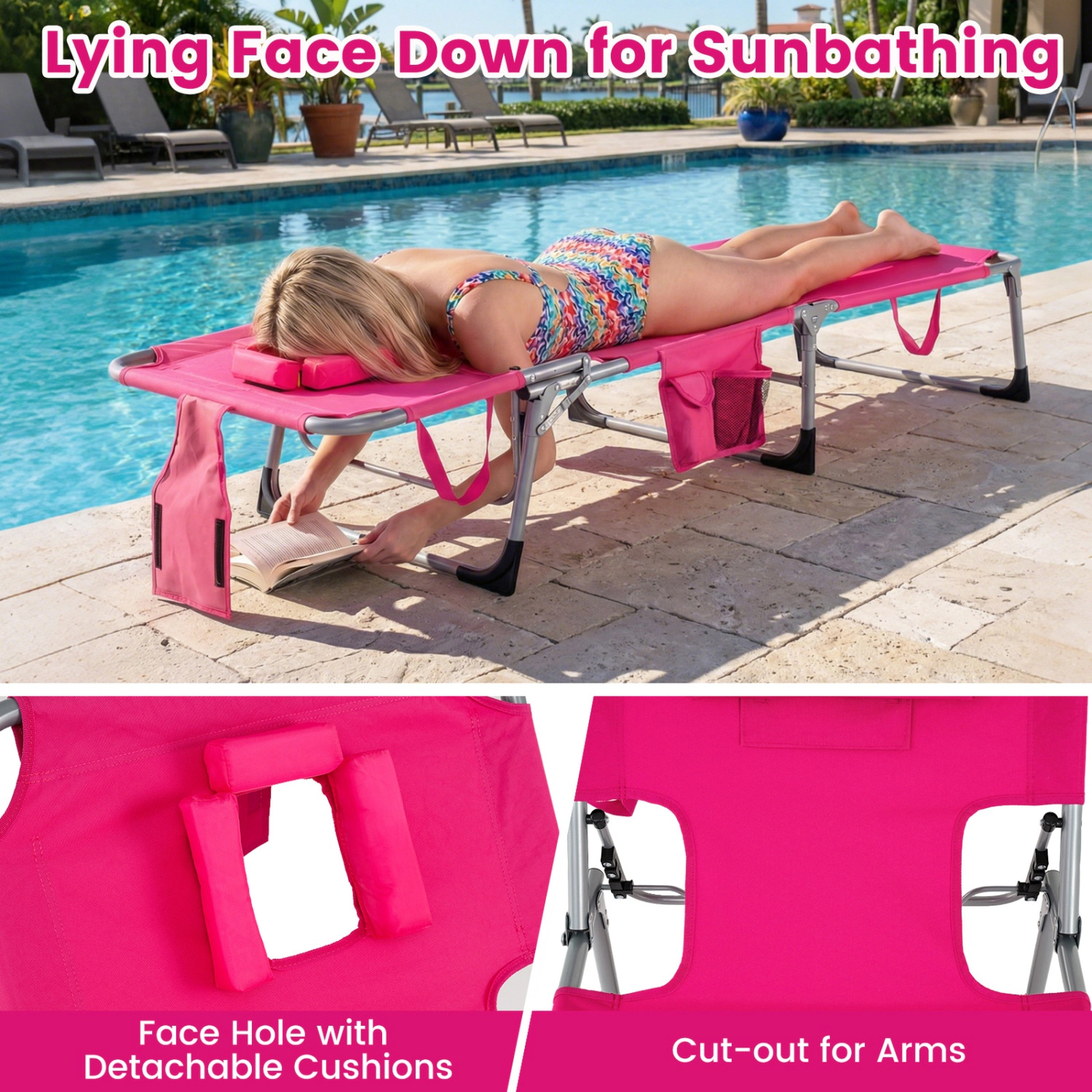 SUGIFT Face and Arm Slots Carry Strap and Storage Pockets 330-lb Pink Folding Tanning Chair