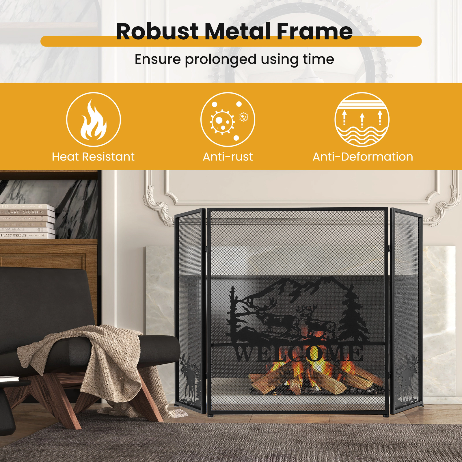 SUGIFT 52-in x 31-in 3-Panel Folding Mesh Metal Freestanding Fireplace Screen Deer Scene Spark Guard Black