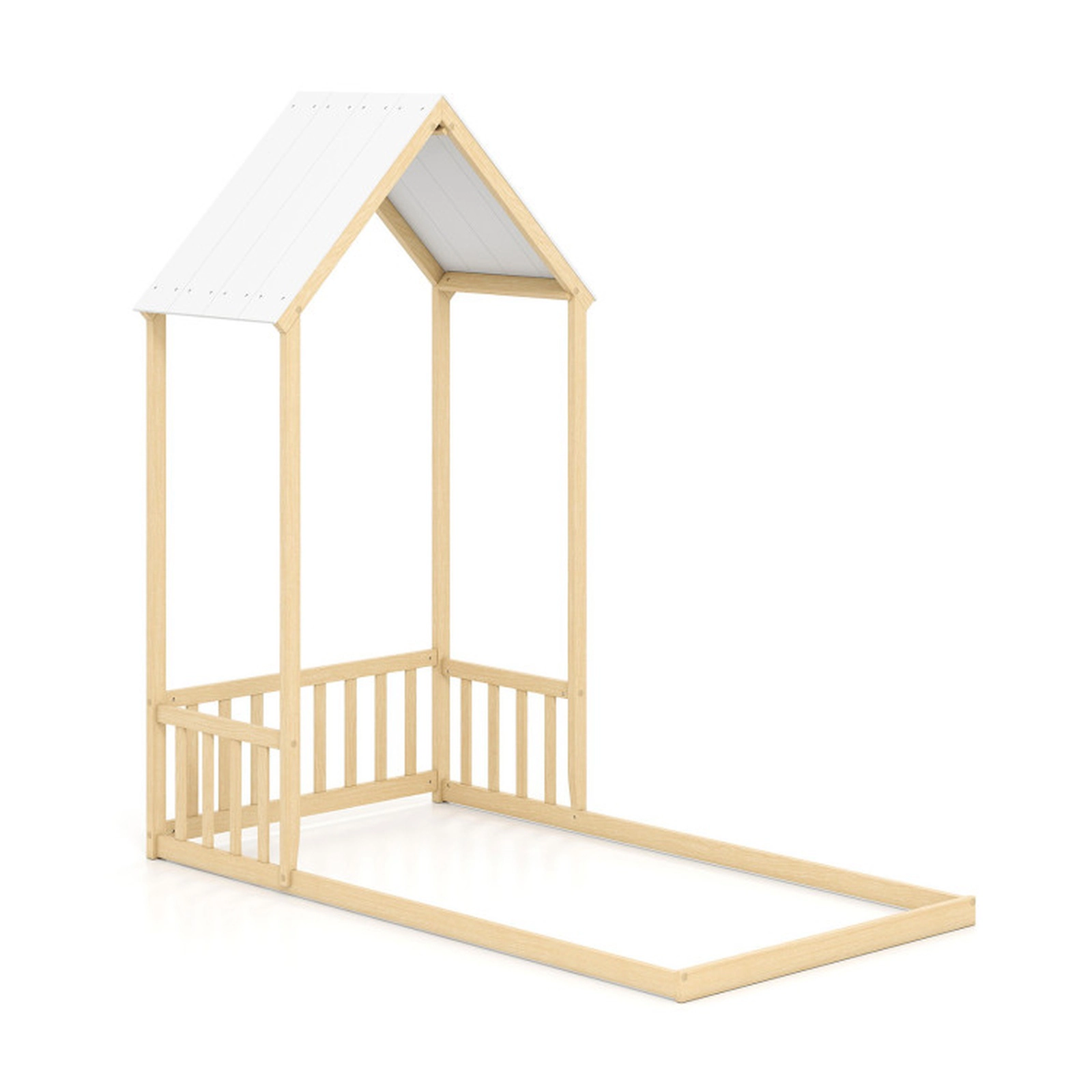 SUGIFT Natural Pitched Roof Semi-Fence and Anti-Toppling Kit Pine Wood Twin Kids House Floor Bed