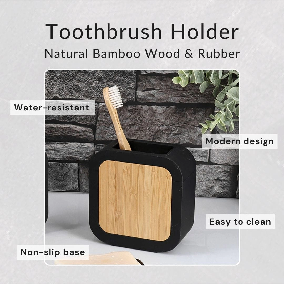 Evideco French Home Goods Urban Compact Toothbrush Holder - Rubber Body with Natural Wood Accent