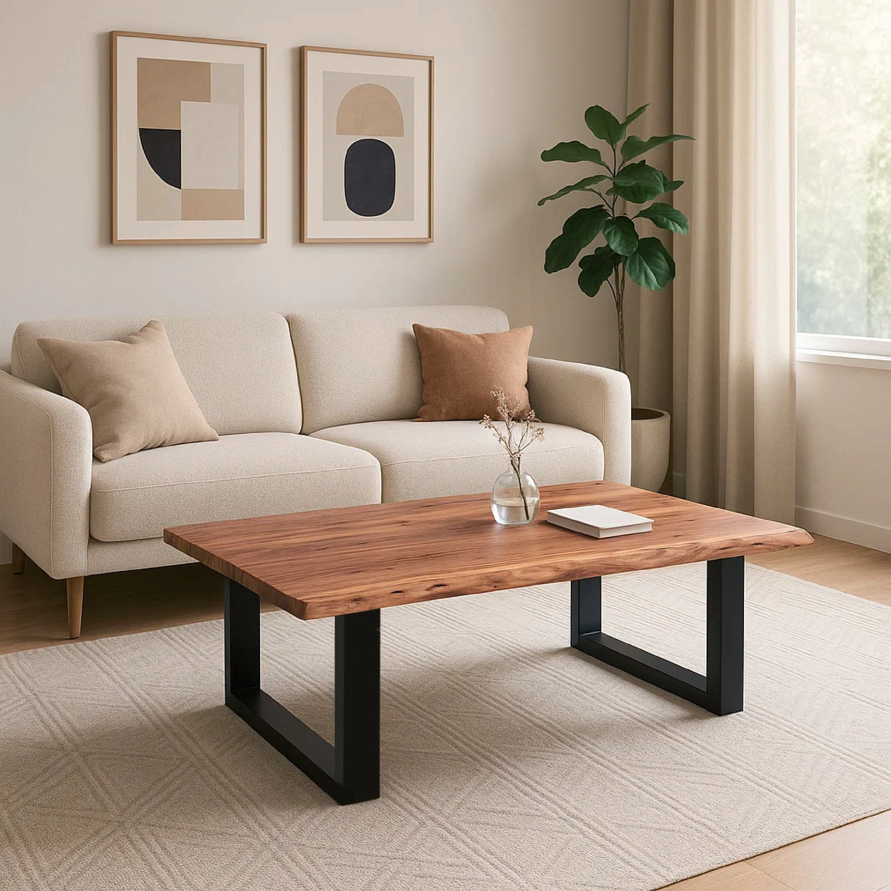 The Urban Port 45 Inch Acacia Wood Rectangular Coffee Table, Live Edge, Black Powder Coated Metal Base, Natural Brown