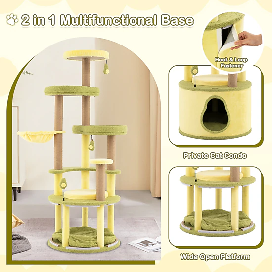 Glintex 62.5-Inch Avocado Cat Tower with 2-in-1 Base and Rotatable Basket, Green