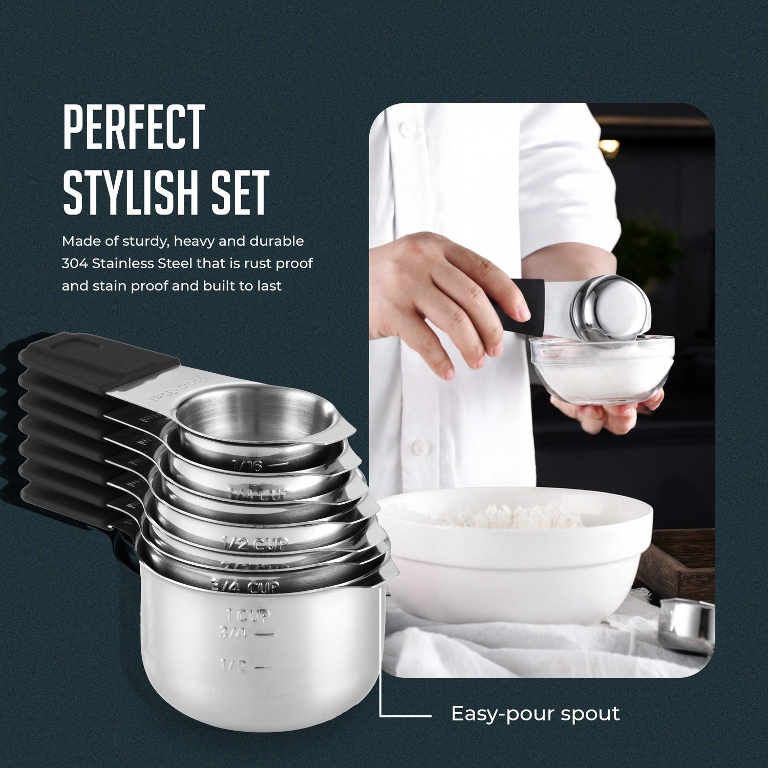 Luminuxe Magnetic Measuring Cups Set, 7Pc Heavy Duty Stainless Steel Nesting Measuring Cup Easy Read Engraved Markings