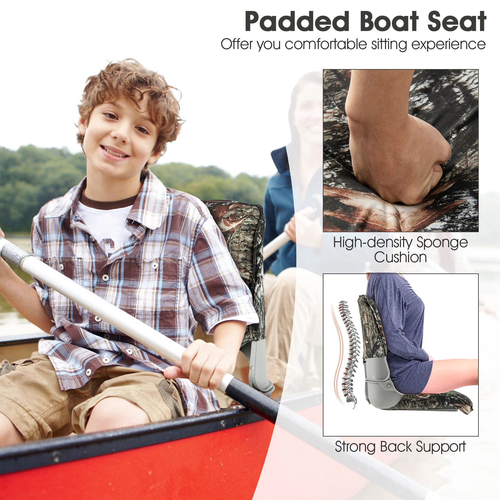 SUGIFT Low Back Folding Padded Boat Seat 330-lb Capacity Camouflage