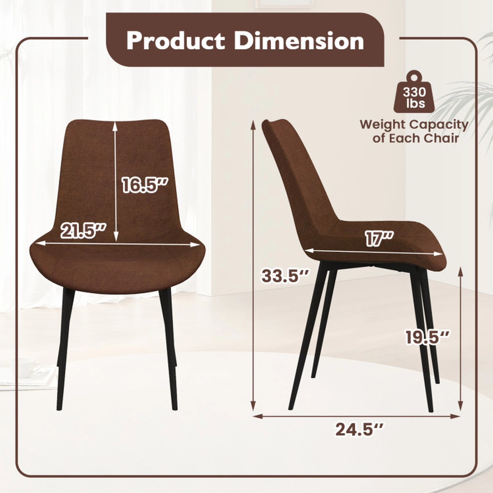 SUGIFT Set of 4 330-lb Capacity Brown Faux Linen Upholstered Dining Chairs with Metal Legs and Padded Back