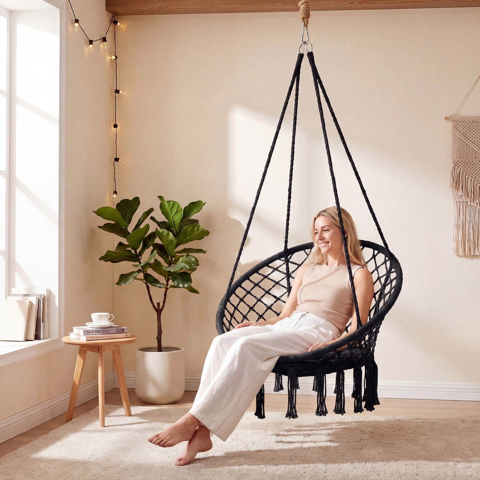 SUGIFT Macrame Hammock Swing Chair with Round Seat Cushion