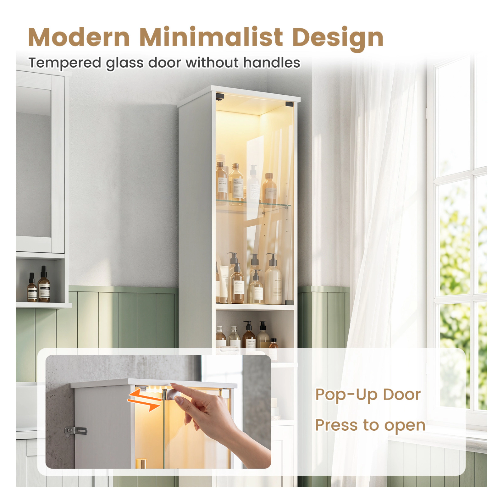 Glintex 67-Inch LED Bathroom Cabinet with Push-to-Open Tempered Glass Door, White