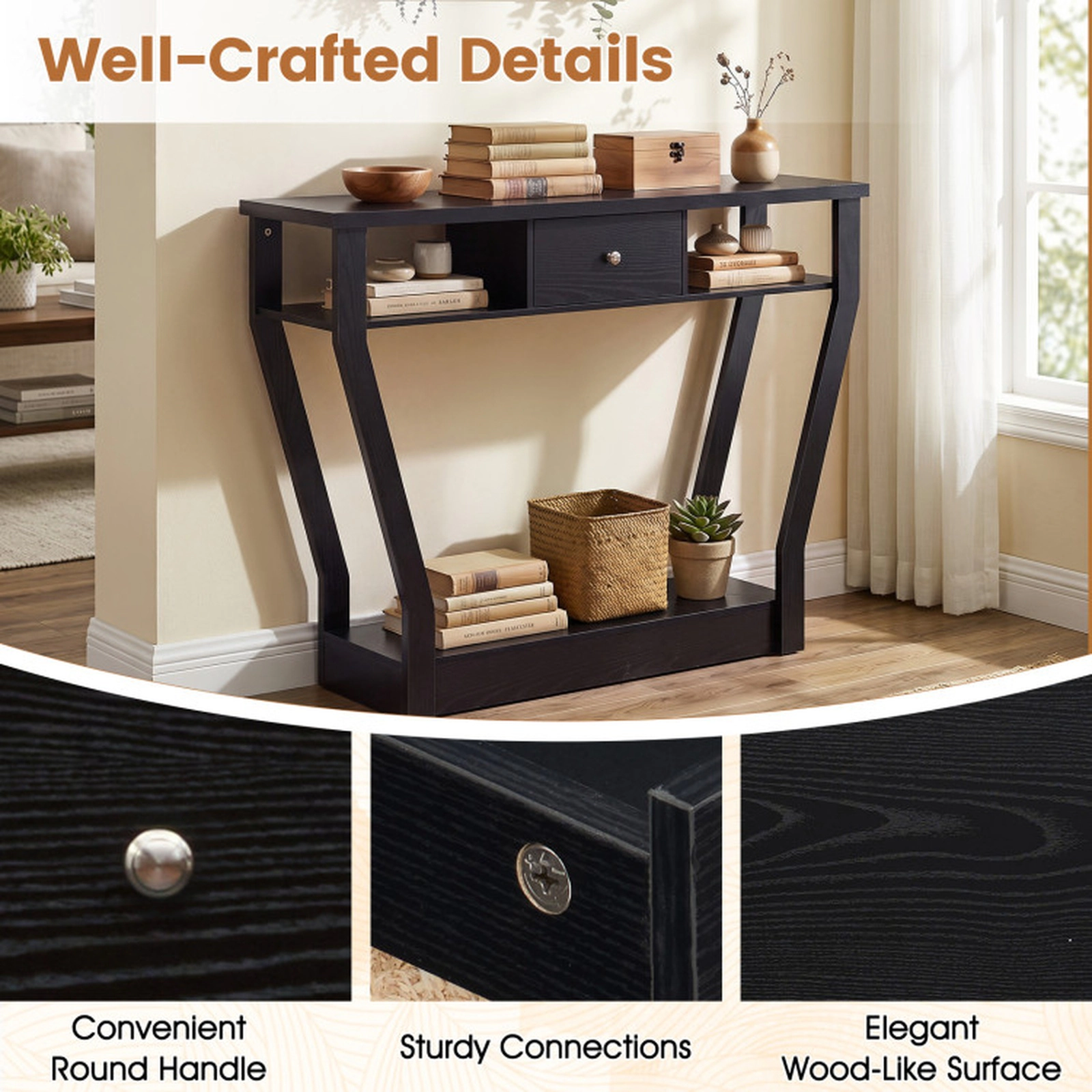 SUGIFT 3-Tier Curved Legs Storage Drawer Open Shelf Hall Console Table 43-in x 12-in x 32-in 66-lb Capacity Black