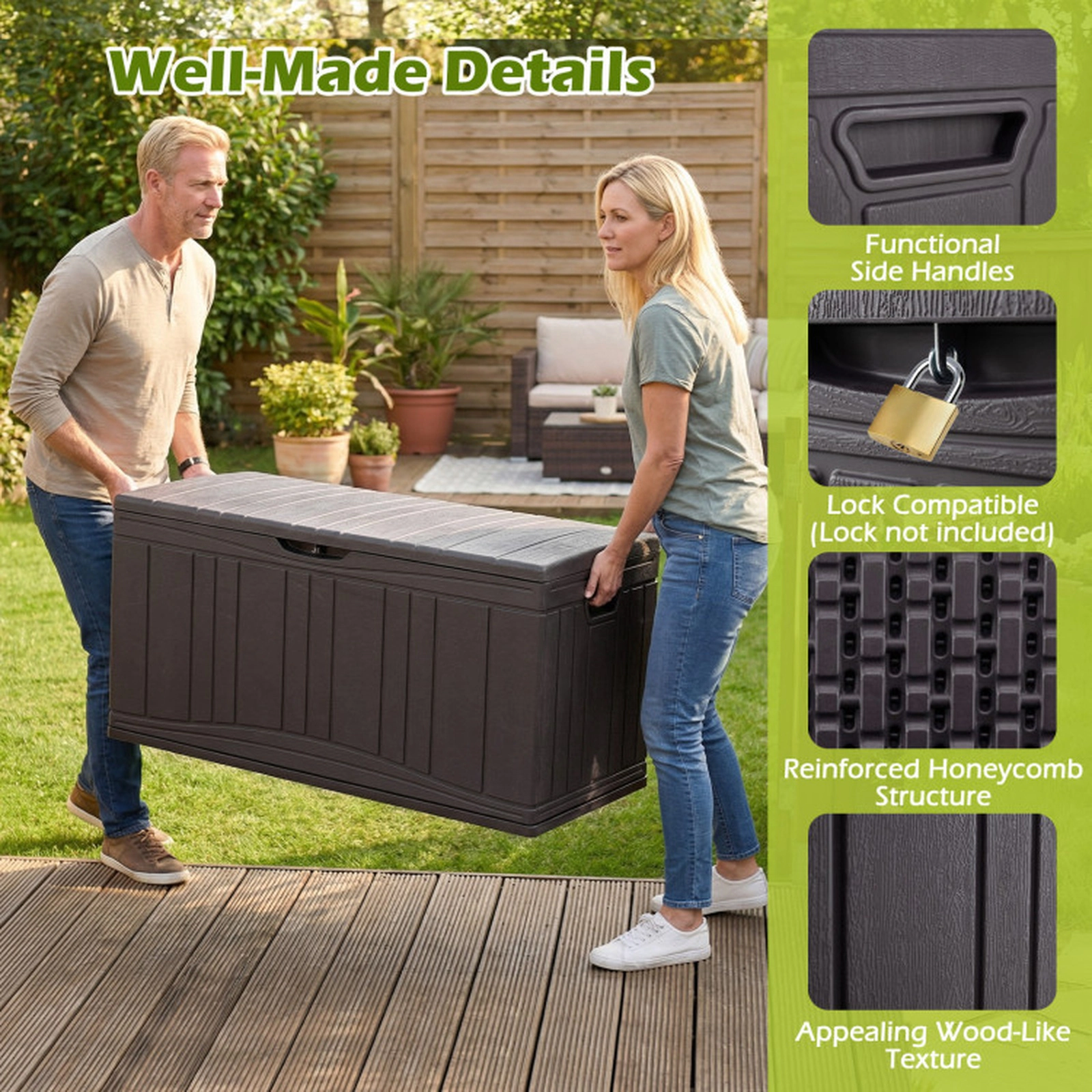 SUGIFT 80-Gallon Honeycomb Structure Lockable HDPE Outdoor Deck Storage Box 45-in x 22-in x 24-in 330-lb Brown