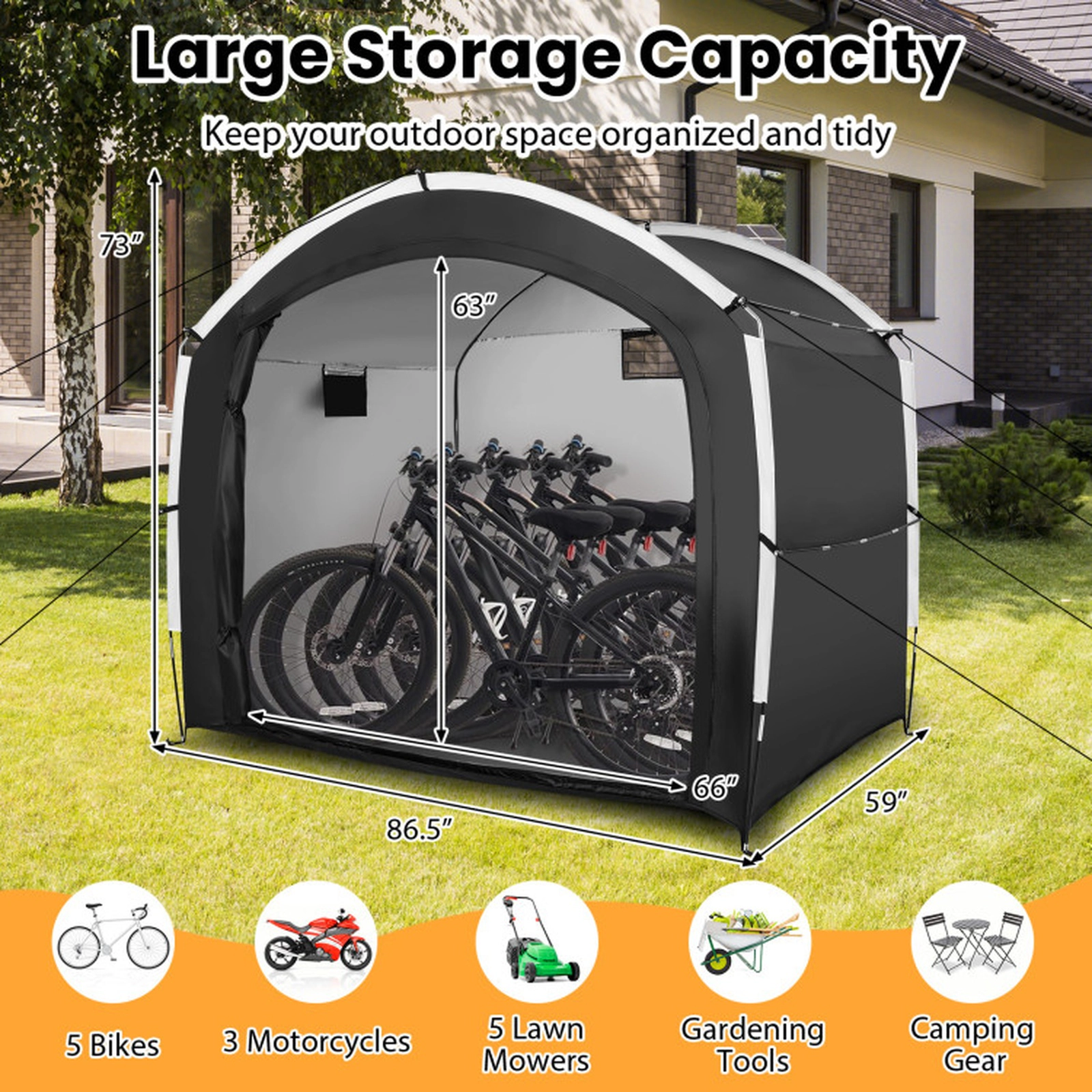 SUGIFT 5-Bike Waterproof 210D Oxford Fabric Fiberglass Frame Storage Shed Tent 86.5-in x 59-in x 73-in 11-lb Black