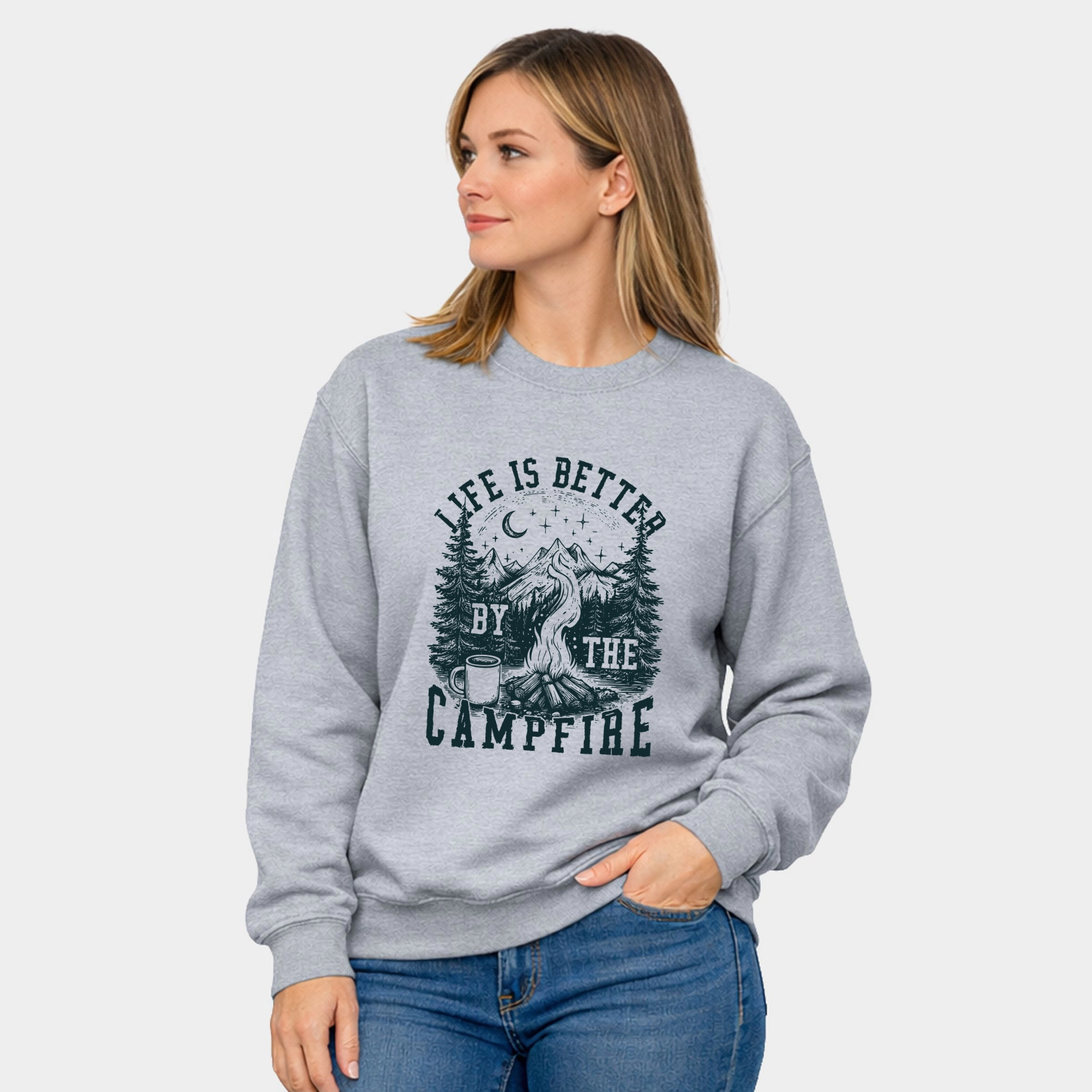Simply Sage Market - Women's Graphic Sweatshirt Life is Better by the Campfire Forest