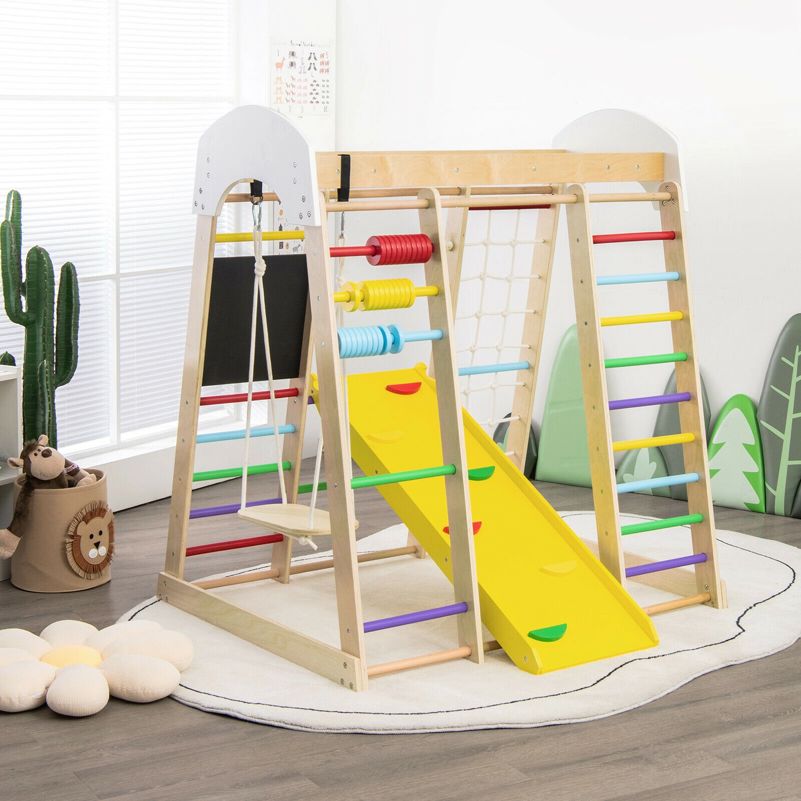 8-in-1 Wooden Indoor Climbing Gym Playset 54.5-in Tall Reversible Slide Odorless Finish 110-lb Per Part Ages 3+