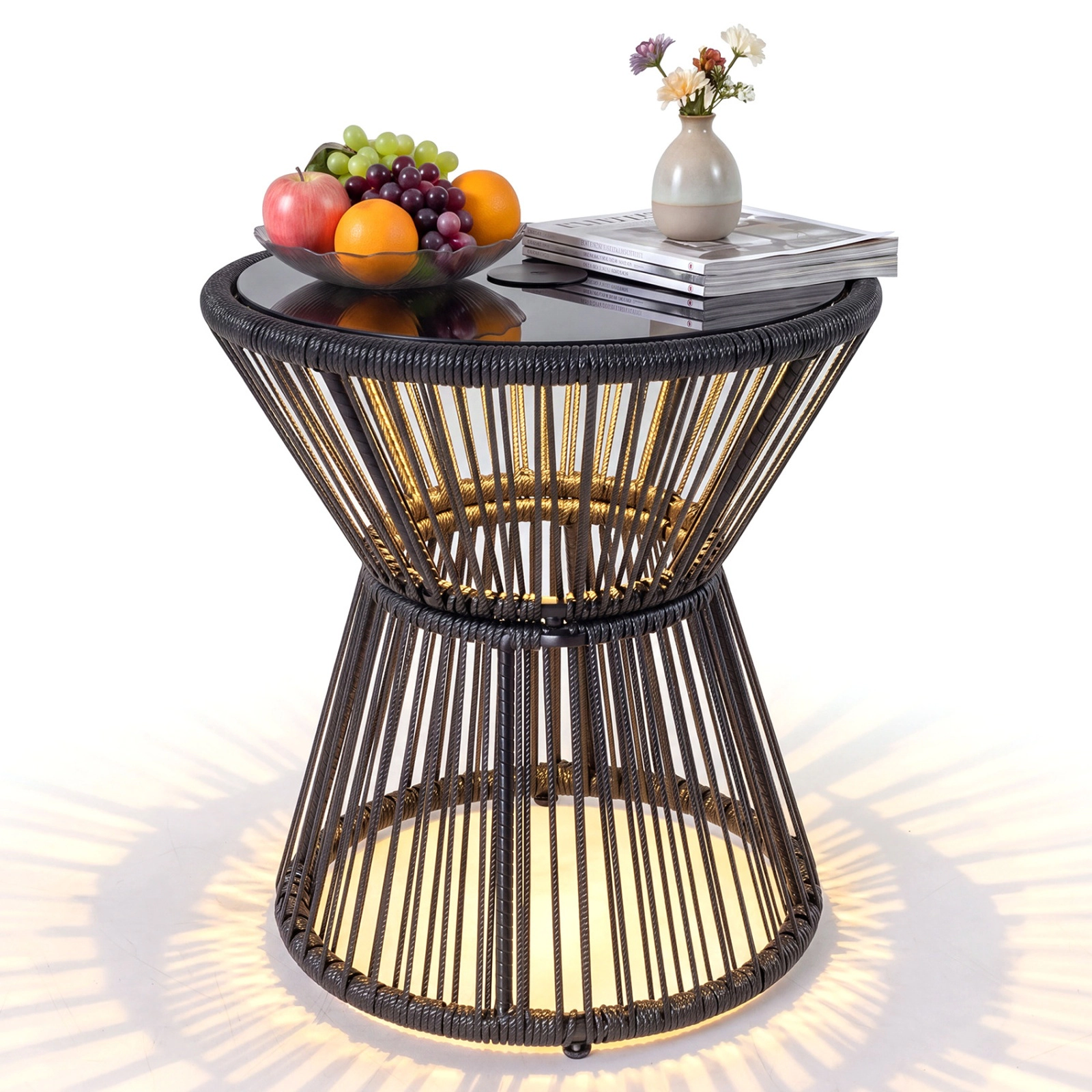 SUGIFT Black PE Rattan LED Warm Light and Tempered Glass Top Outdoor Side Table