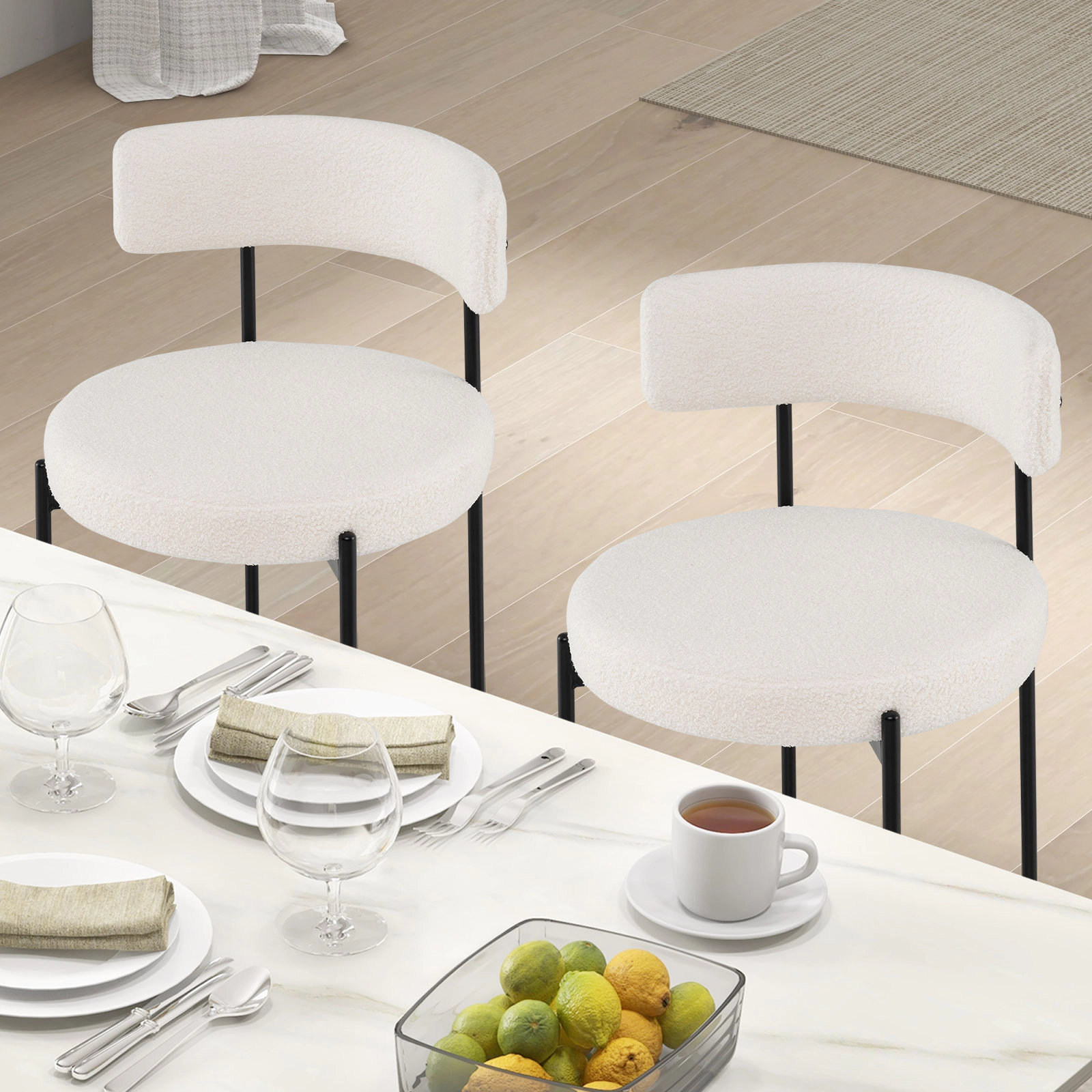 LJG Boucle Dining Chair with Curved Backrest and Metal Legs Set of
