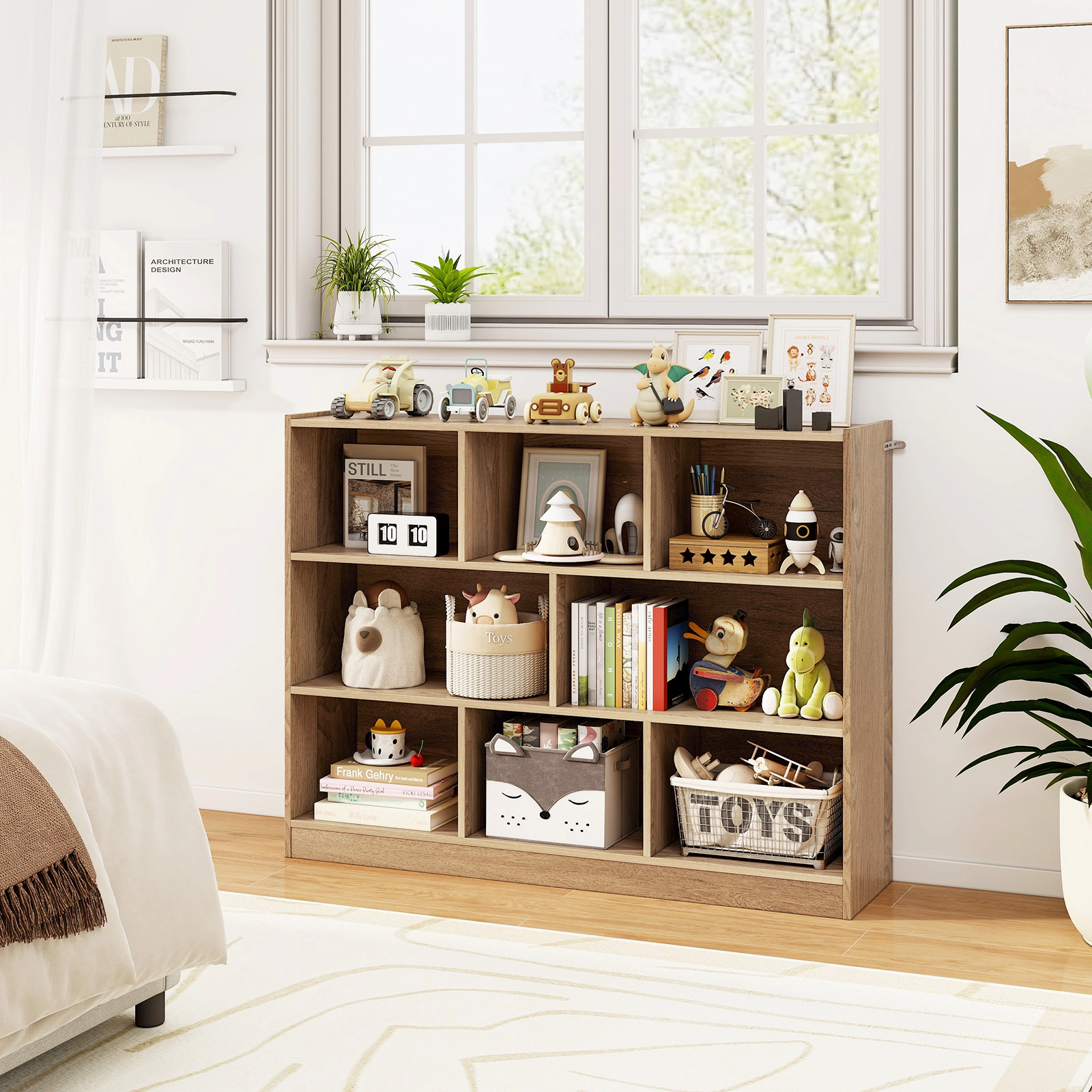 SUGIFT 8-Cube Natural 48-in Wide 3-Tier Cube Storage Organizer Bookshelf with Raised Top Edge and 132-lb Top