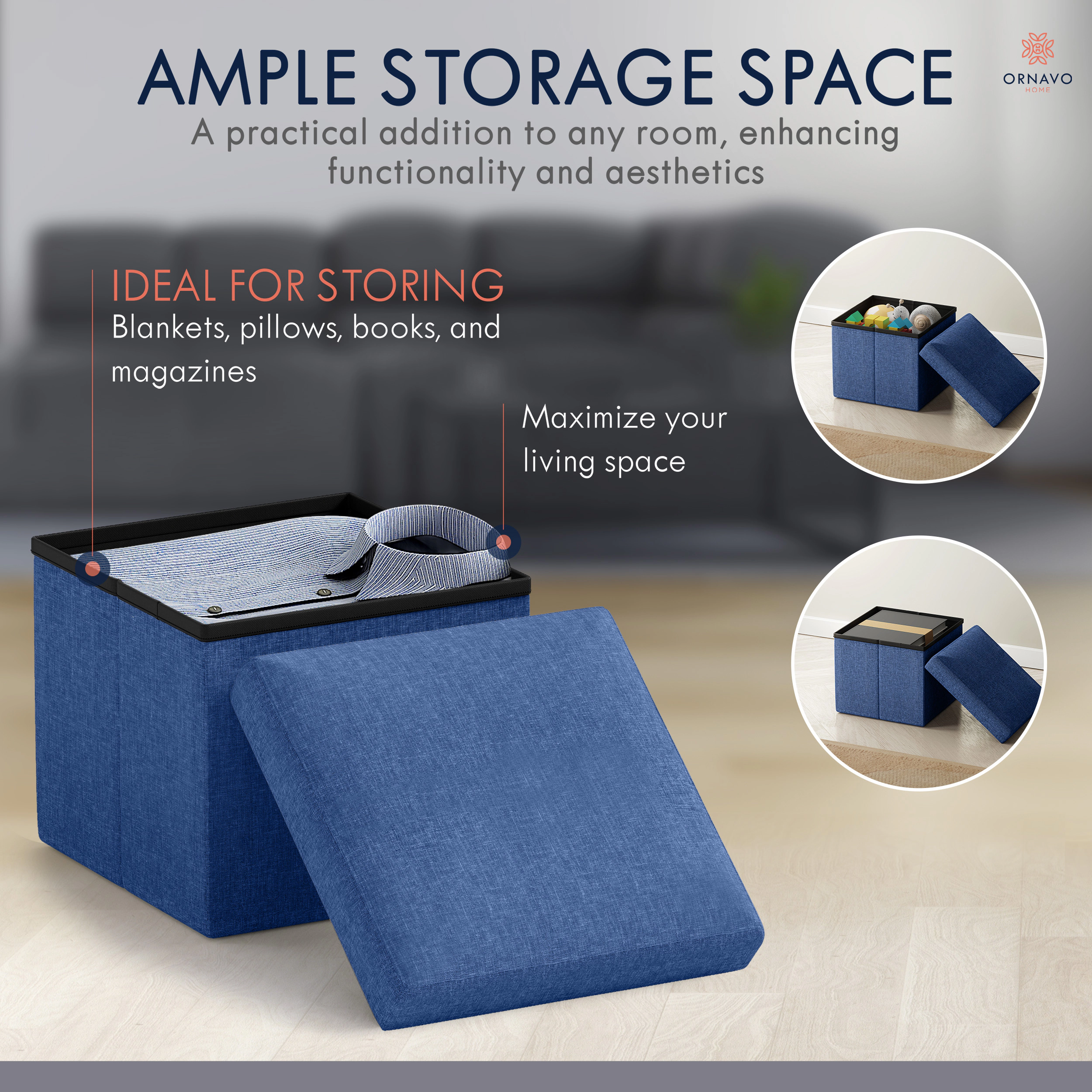 Ornavo Home Collapsible Small 12" Inch Square Storage Ottoman