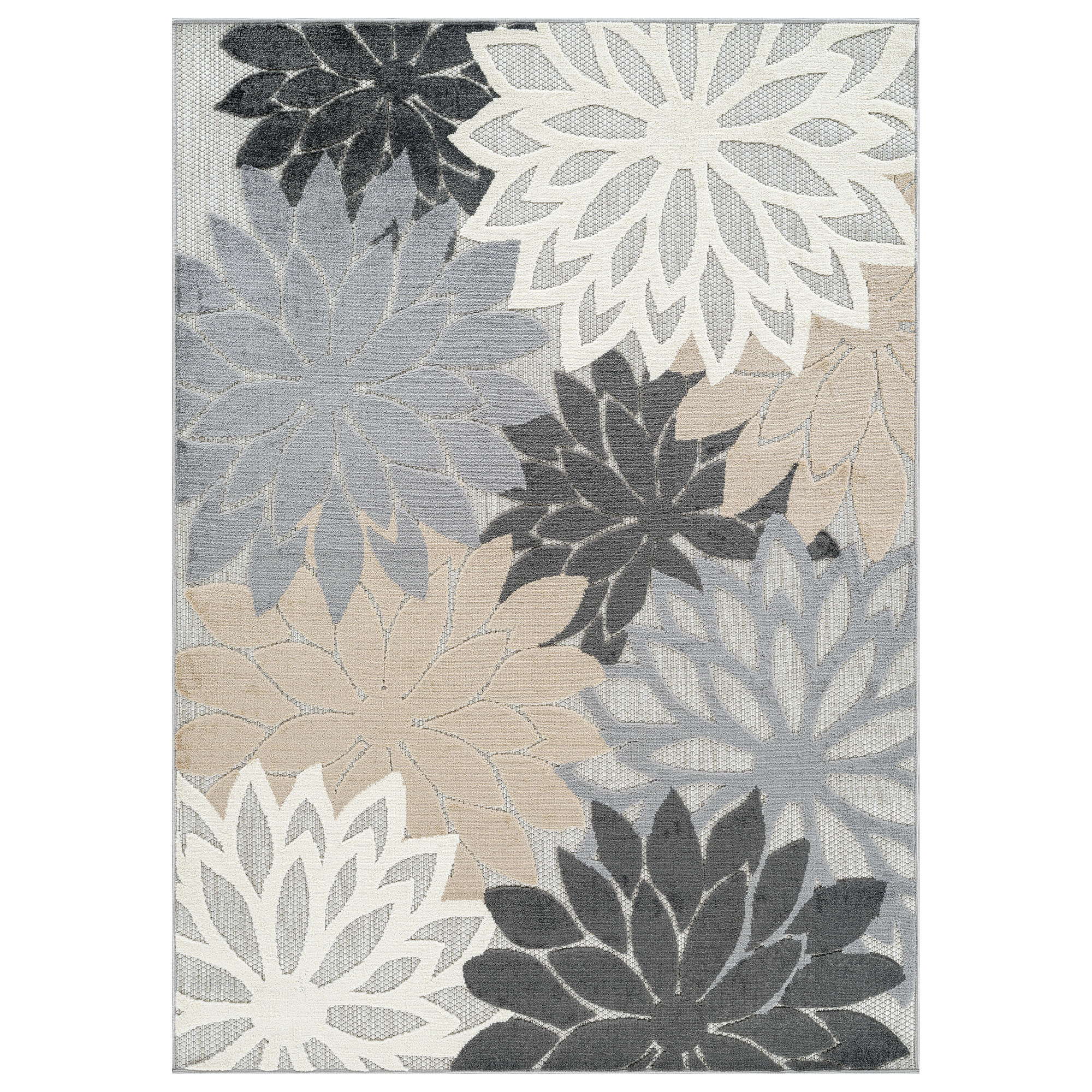 World Rug Gallery Indoor/Outdoor High-Low Textured Area Rug, Floral Gray/Ivory, Easy-Clean Patio