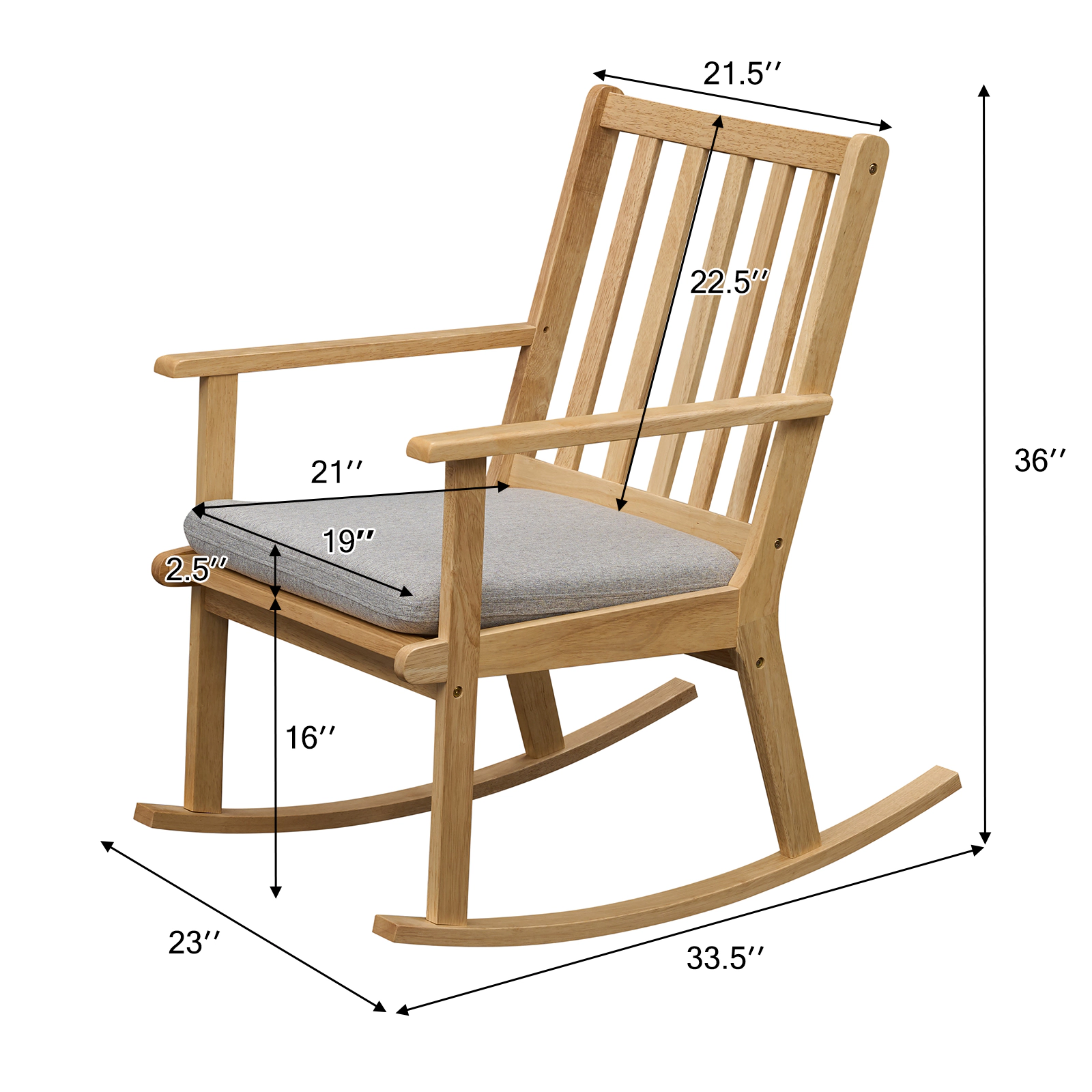 LJG Rocking Chair with Cushion Solid Rubber Wood Rocker with Padded Seat