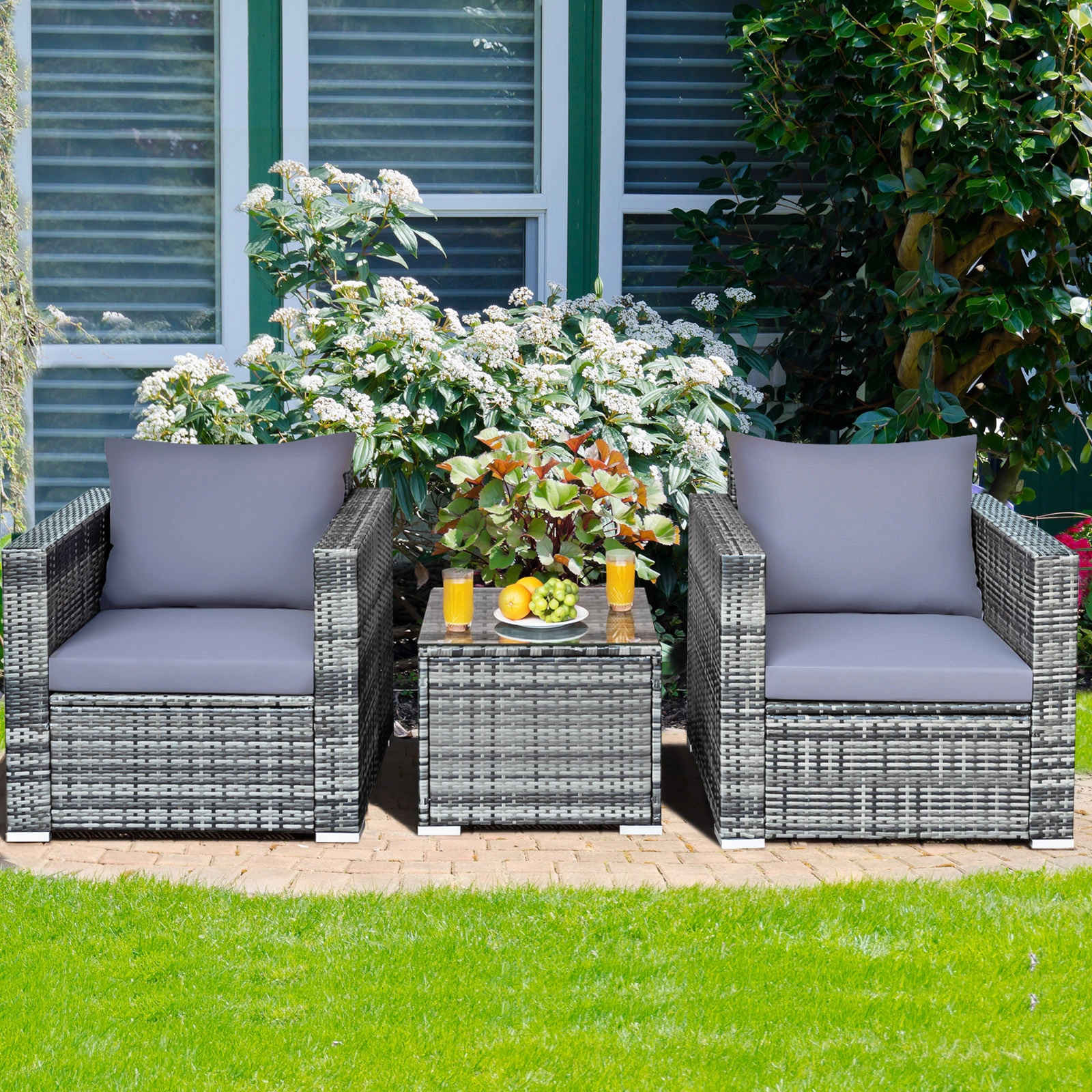 SUGIFT 3 Piece Patio Rattan Bistro Set with Cushions and Tempered Glass Table
