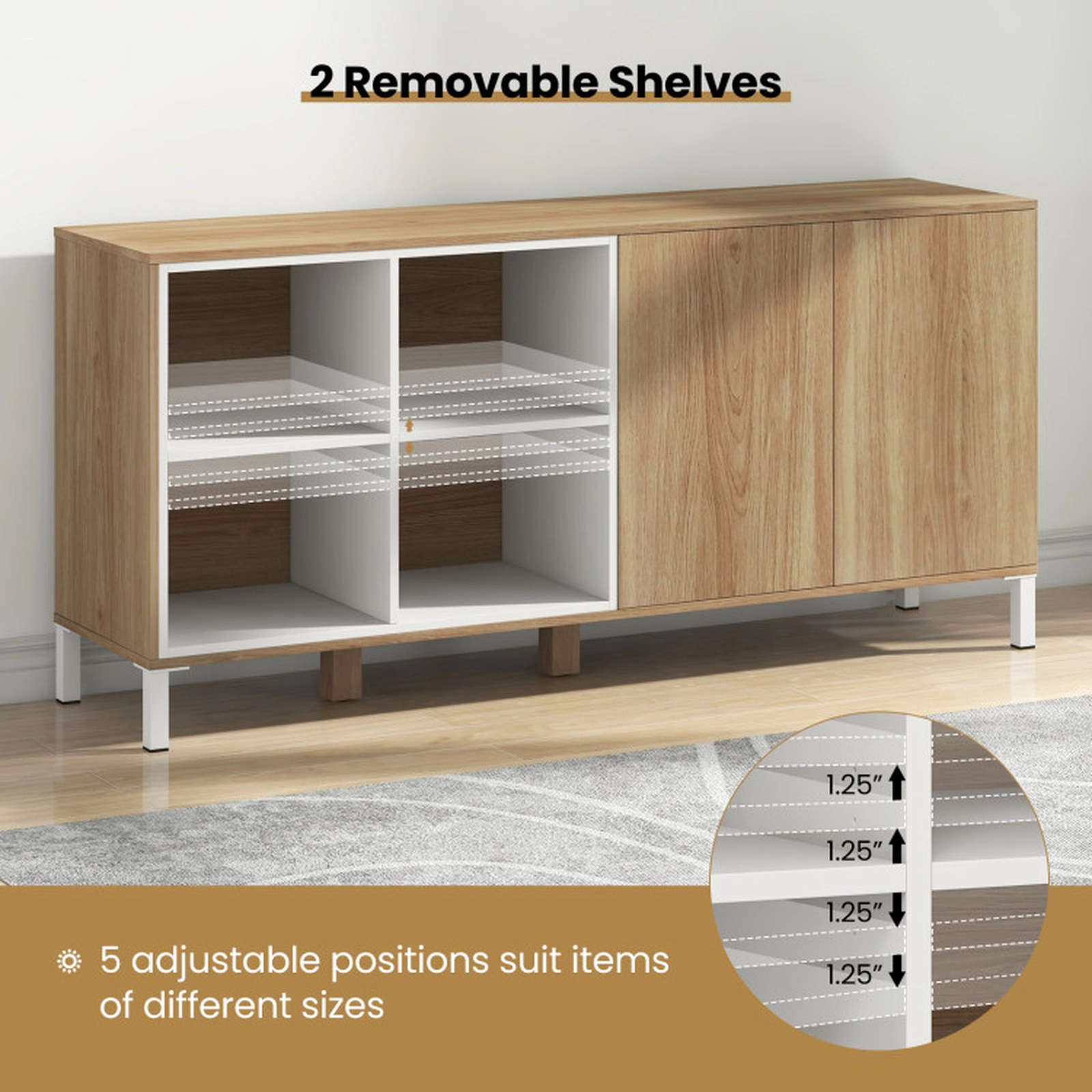 SUGIFT 4-Cube Push-to-Open Doors Adjustable Shelf Buffet Sideboard 63-in x 16-in x 29.5-in 105-lb Net Weight Natural