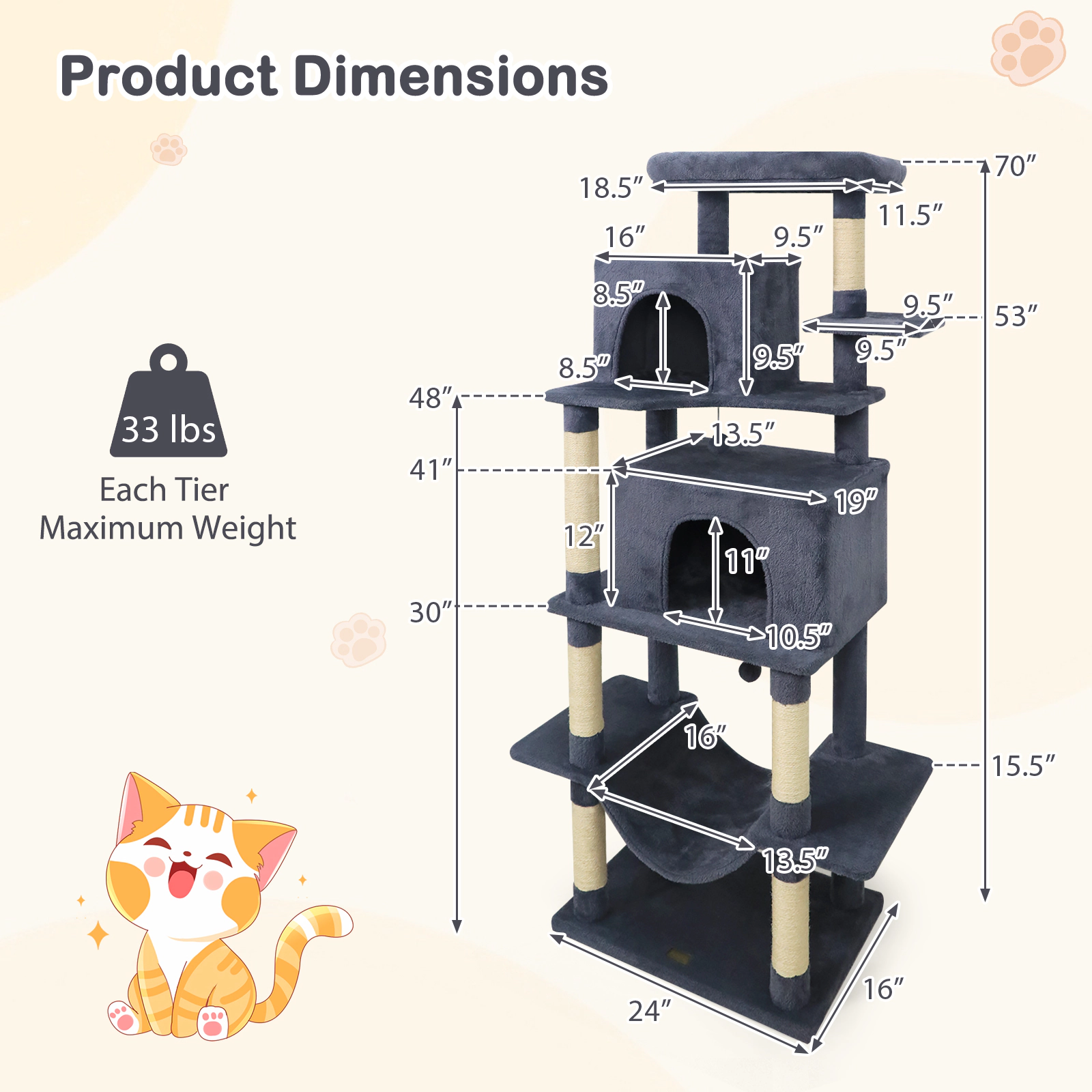 SUGIFT Multi-Level 70-in Tall Cat Tree Tower with Hammock and Dual Condos 33-lb Capacity Beige Deep Gray Light Gray