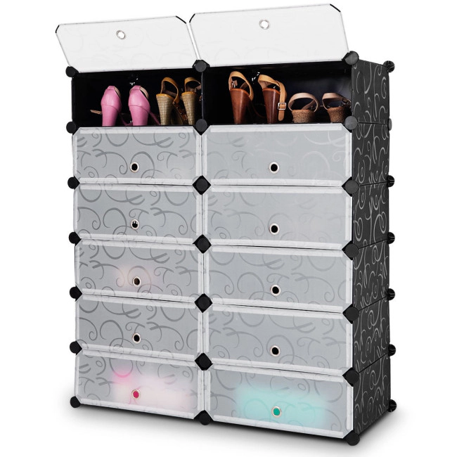 SUGIFT 12-Cube Black DIY Portable Plastic Shoe Rack with Transparent Flip Doors 37.5-in W 43-in H 22-lb Per Cube