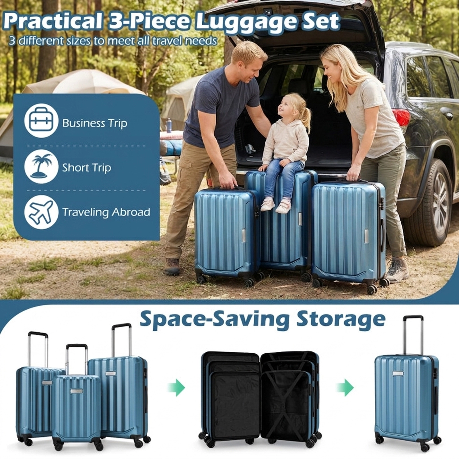 SUGIFT Blue 3-Digit Lock 3-Piece Hardside Luggage Set 20-in 24-in 28-in Lightweight ABS Spinner Suitcases