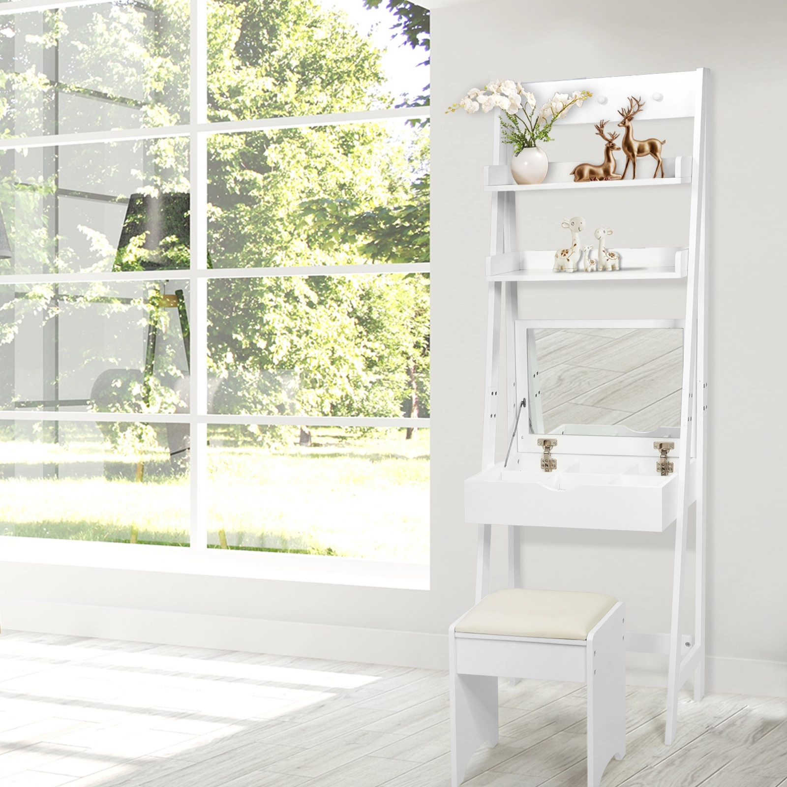 SUGIFT 3-in-1 Modern Shelf Vanity Set with Flip Top Mirror and 6 Makeup Organizers 22-lb Table 180-lb Stool White