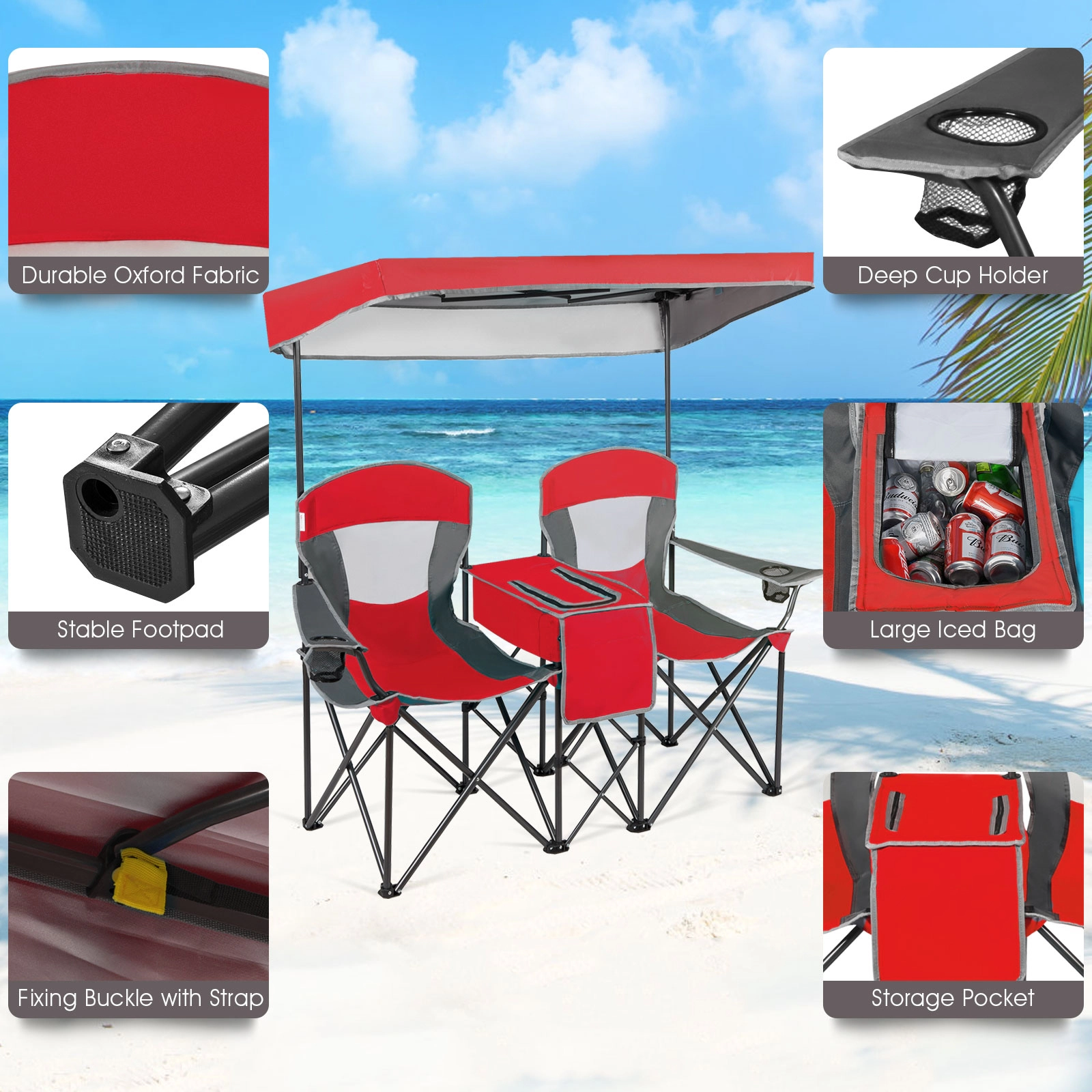 SUGIFT Portable Folding Camping Canopy Chairs with Cooler Bag and Cup Holder 265-lb Capacity Red Turquoise Blue